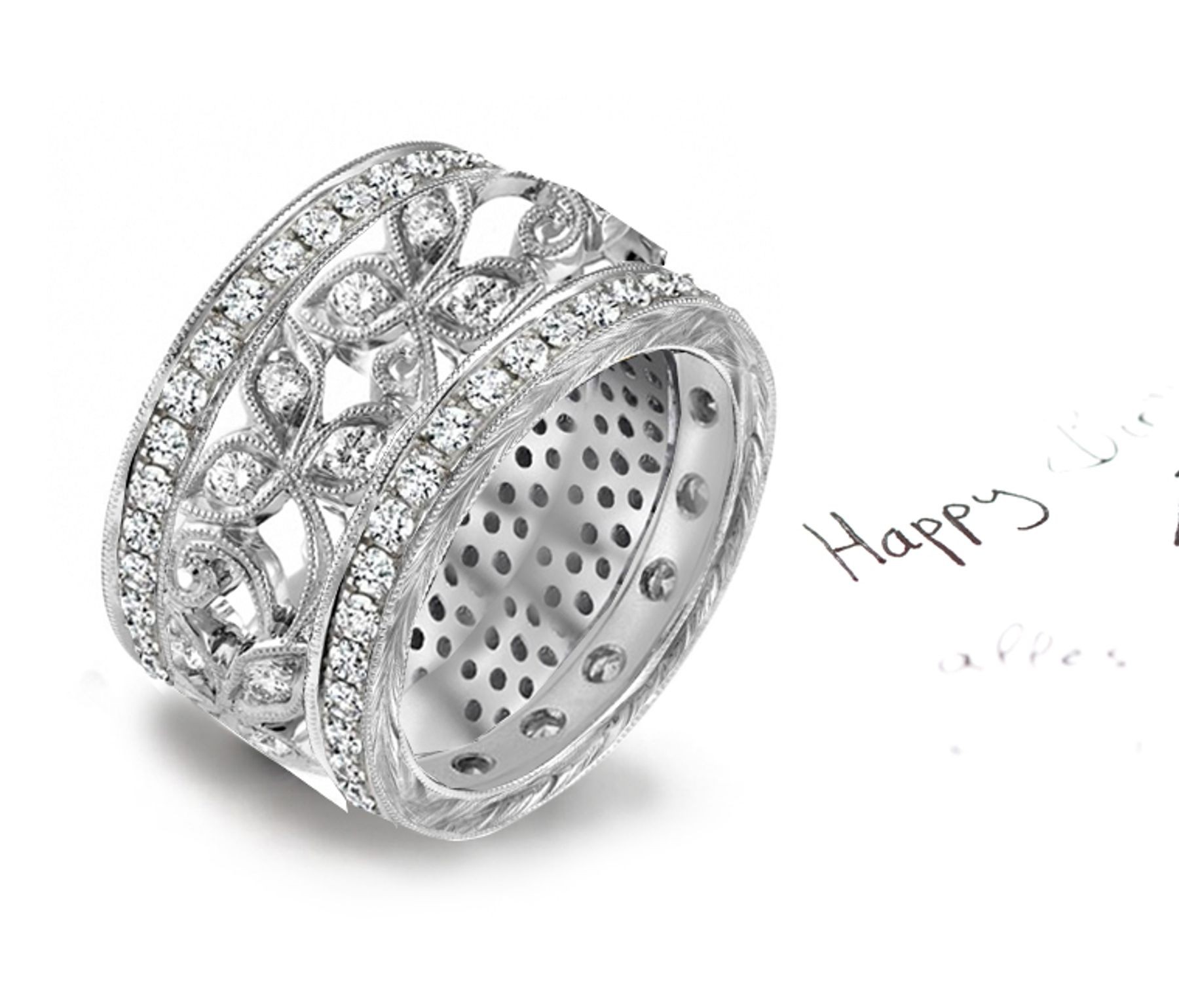 Platinum Diamond Band with Open Floral Scroll Work in Center & Bead Set Diamond Borders
