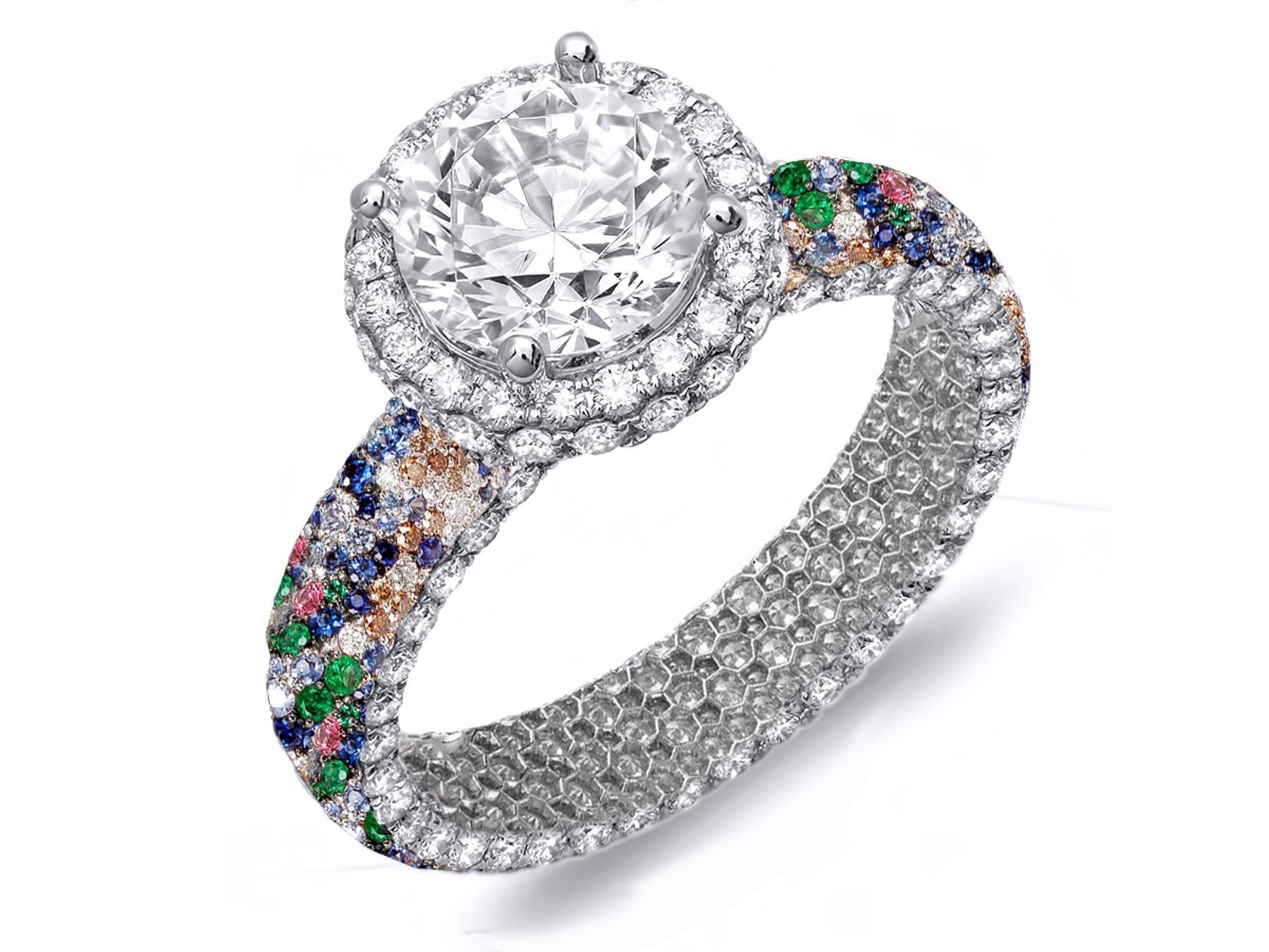 Made To Order Rings With French Pave Halo Brilliant Cut Round Diamonds & Precious Stones
