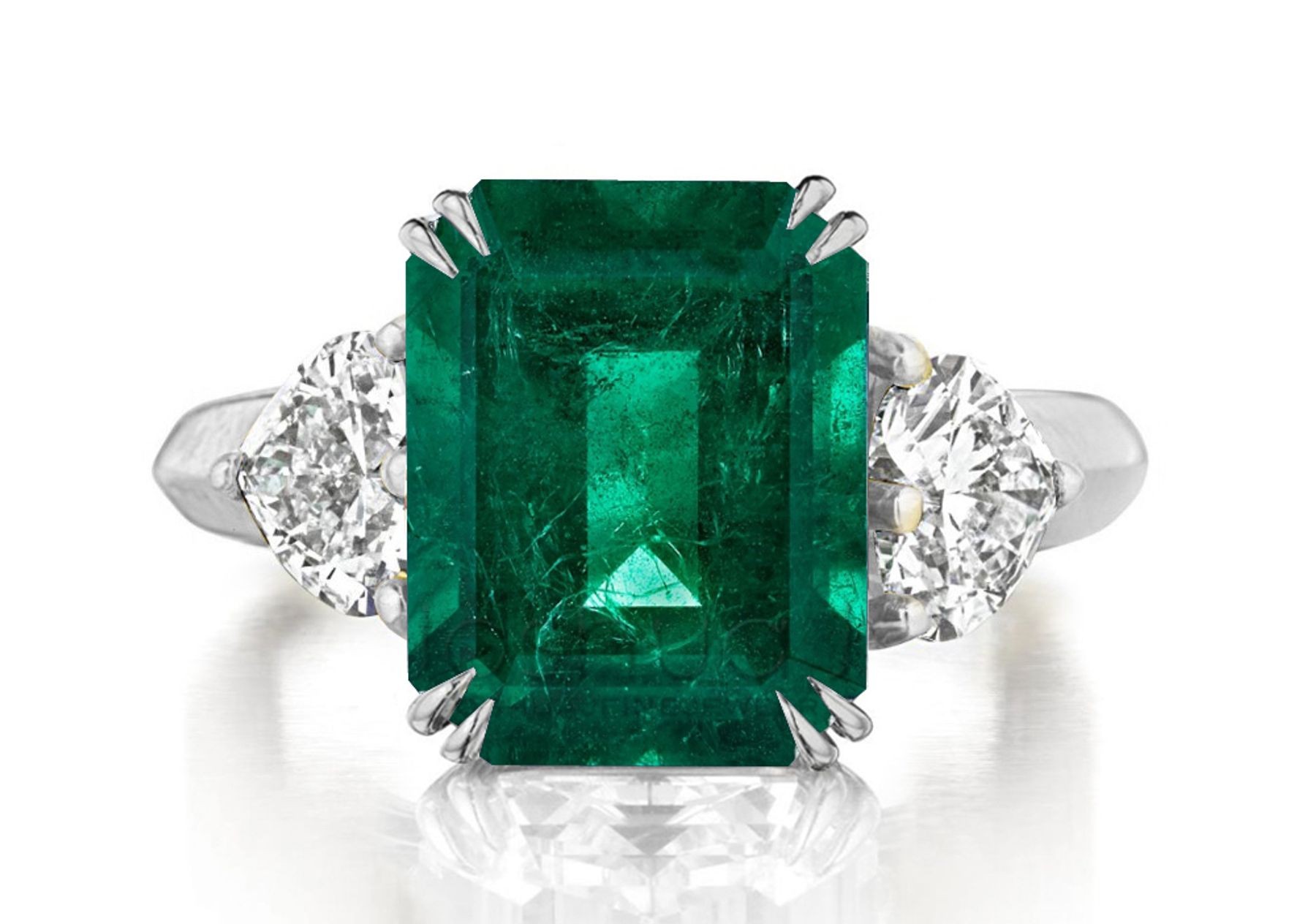 Made to Order Three Stone Rings Heart Shaped Diamonds & Emerald Cut Emerald Rings