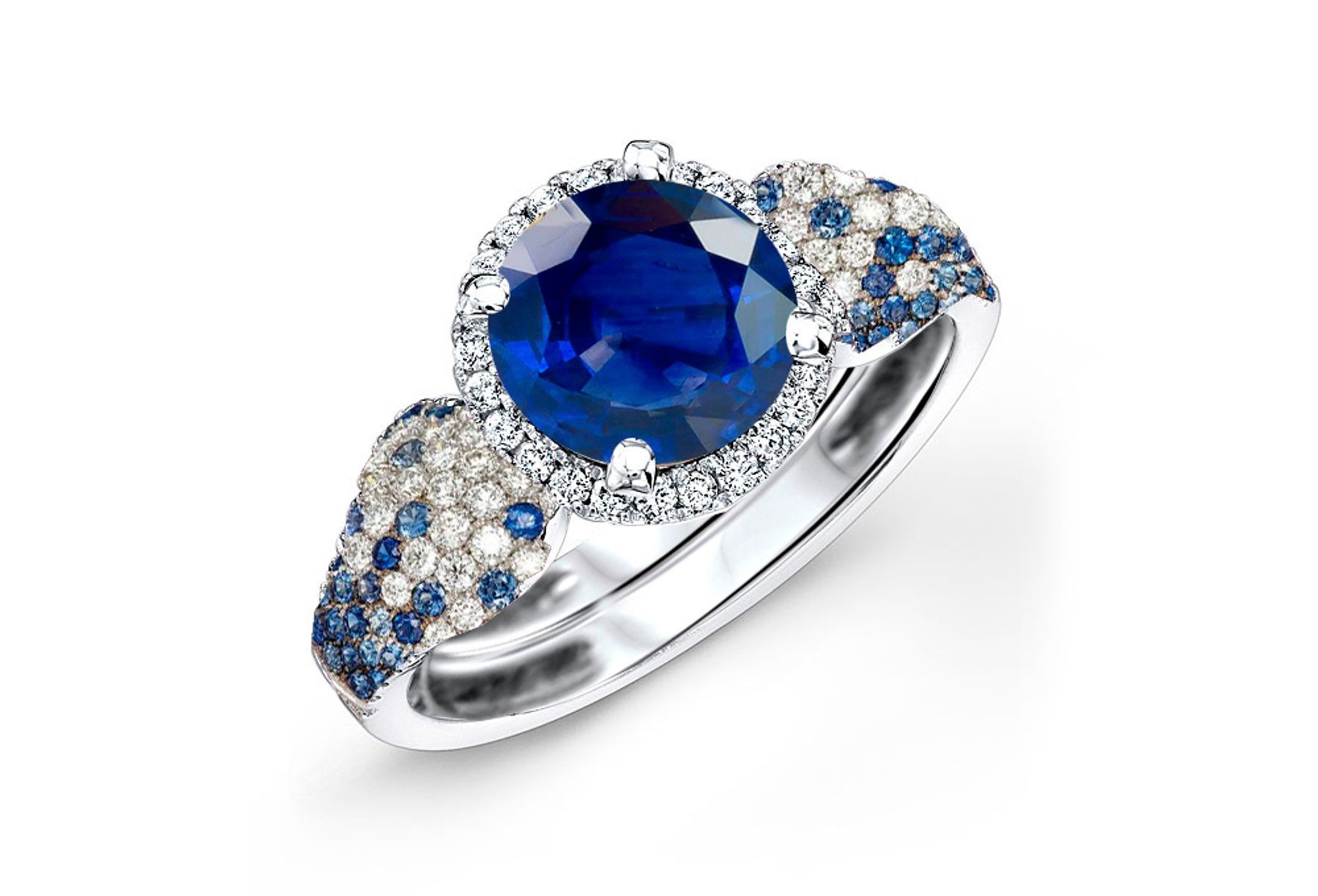 Made To Order Rings Featuring Delicate French Halo Pave Diamonds & Vivid Blue Sapphires