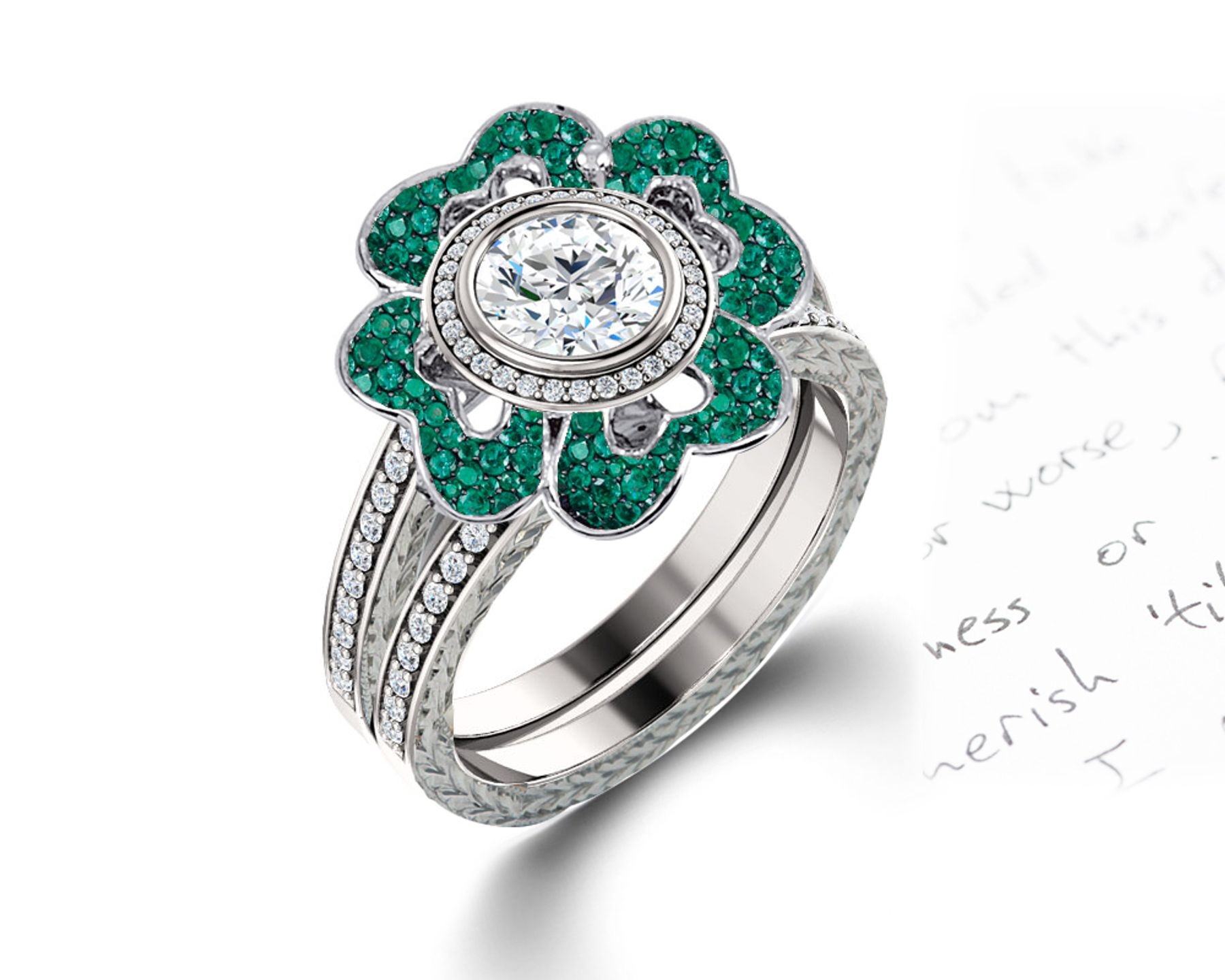 Delicate Micro Pave Halo Vivid Flower Bloom Green Emerald & Diamond Engagement Rings