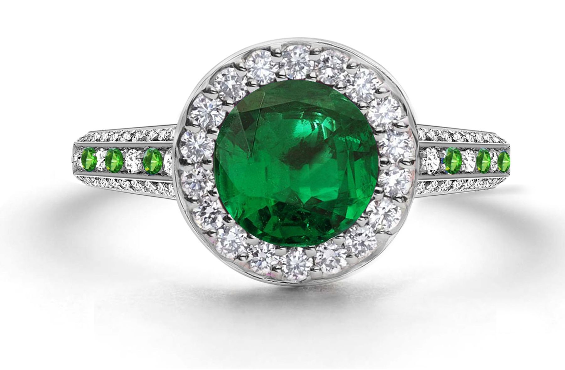 Latest Collection: Delicate Halo Micropave Side Accents Green Emeralds & Diamonds Engagement Rings