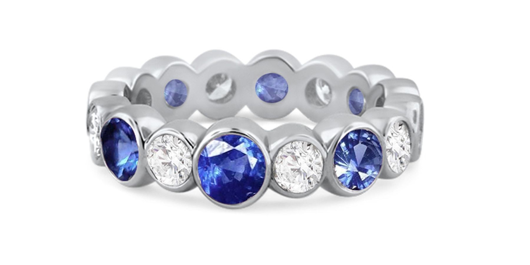 Shop Fine Quality Made To Order Round Bezel Set Diamond & Blue Sapphire Eternity Style Wedding & Anniversary Rings