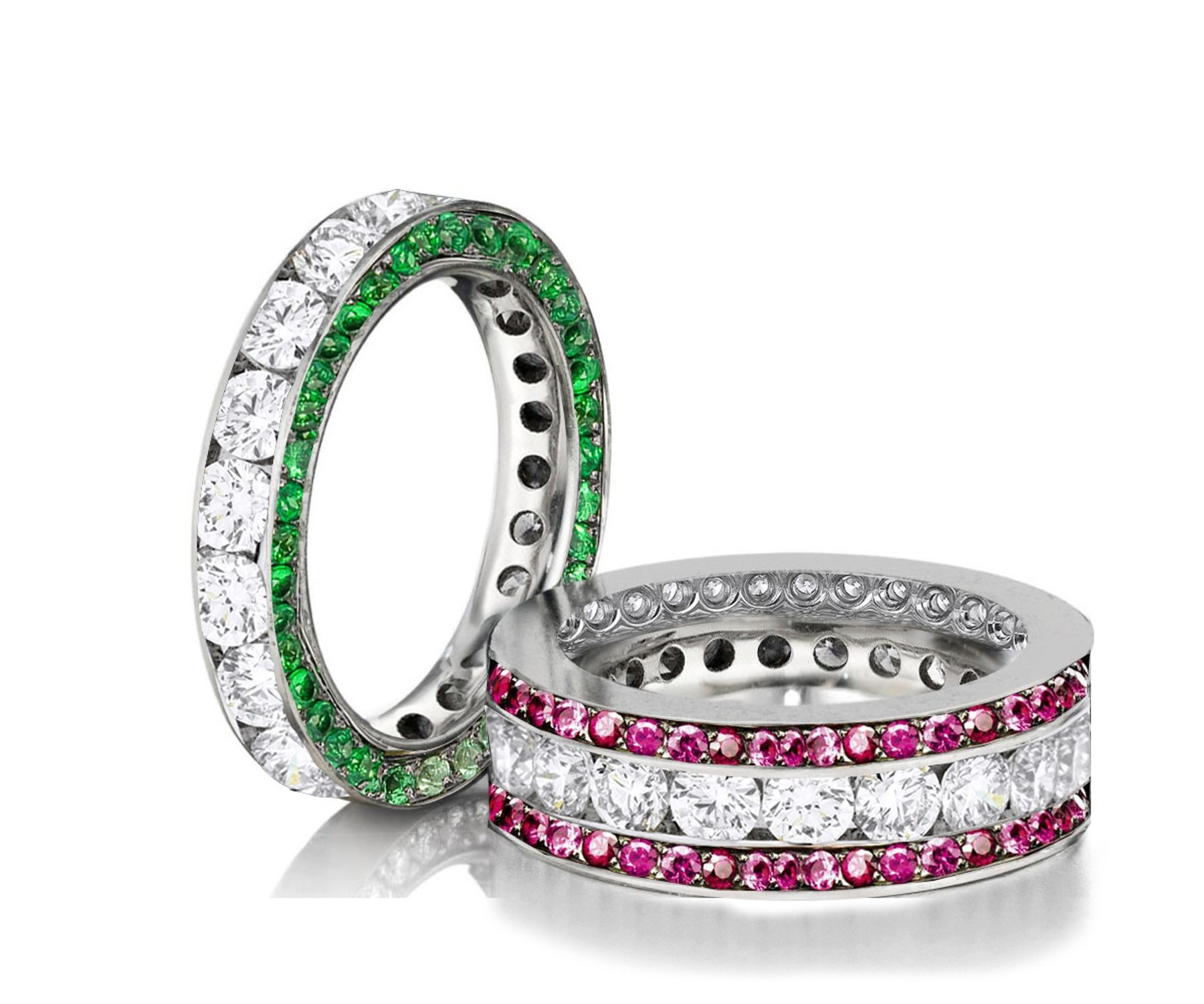 Made to Order Channel Set Brilliant Cut Round Diamonds, Emeralds & Pink Sapphires Set Eternity Rings & Stackable Bands