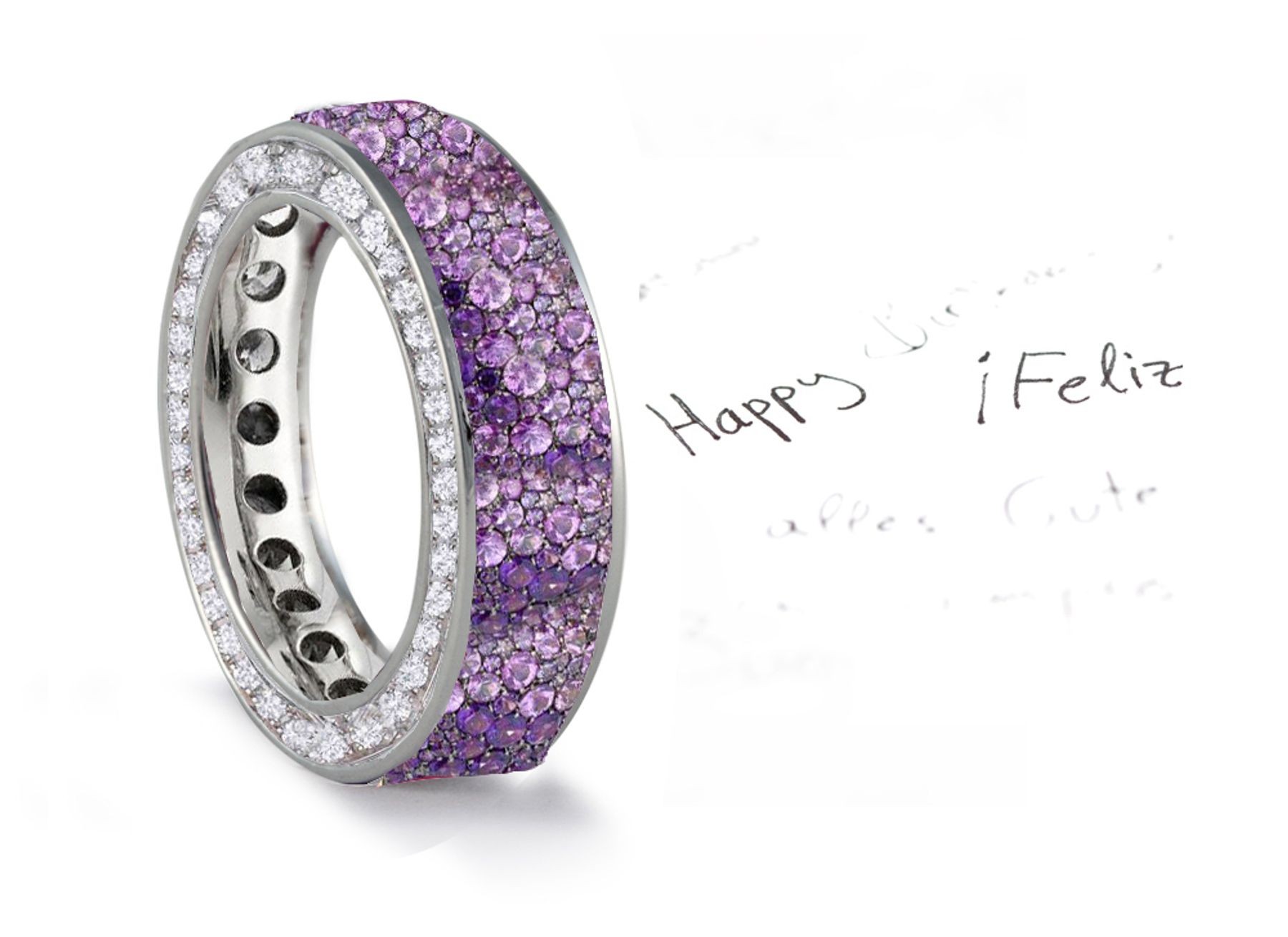 Made to Order French pave Set Brilliant Cut Round Diamonds & Purple Sapphires Eternity Rings & Bands