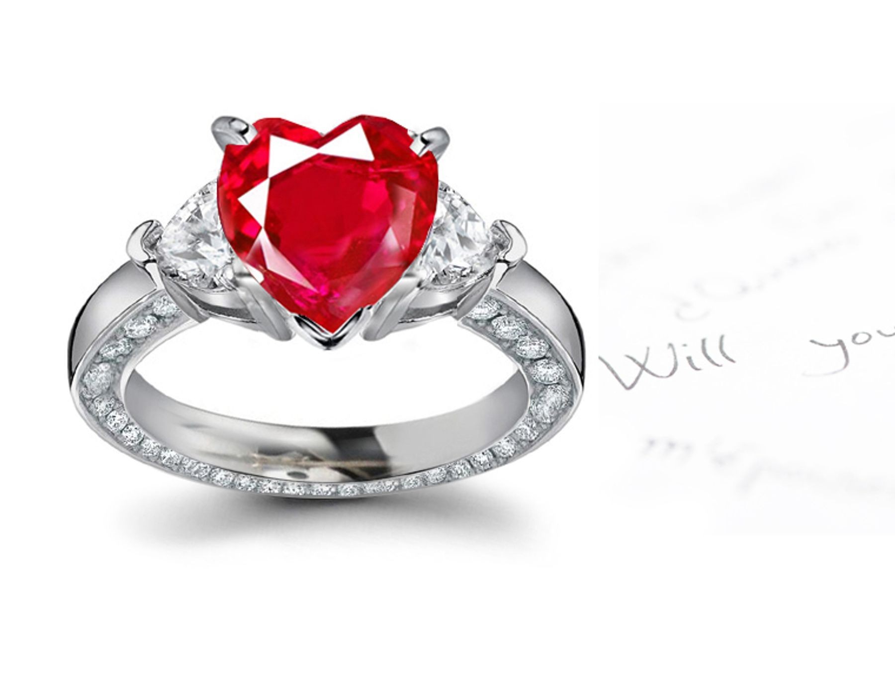 Three Stone Heart Ruby & Heart Diamond Halo Ring in 1.0 to 2.5 carats