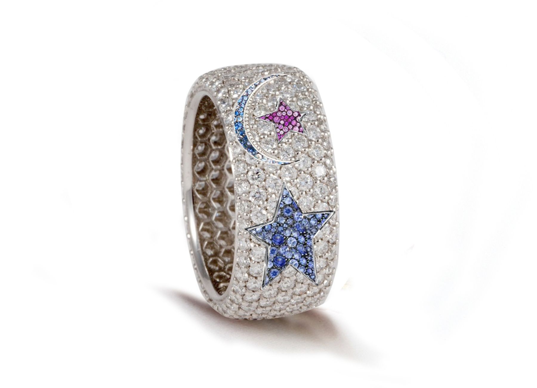 High Quality French pavee Multi-Colored Sapphire & Brilliant-Cut Round Diamond Moon & Stars Eternity Rings & Bands