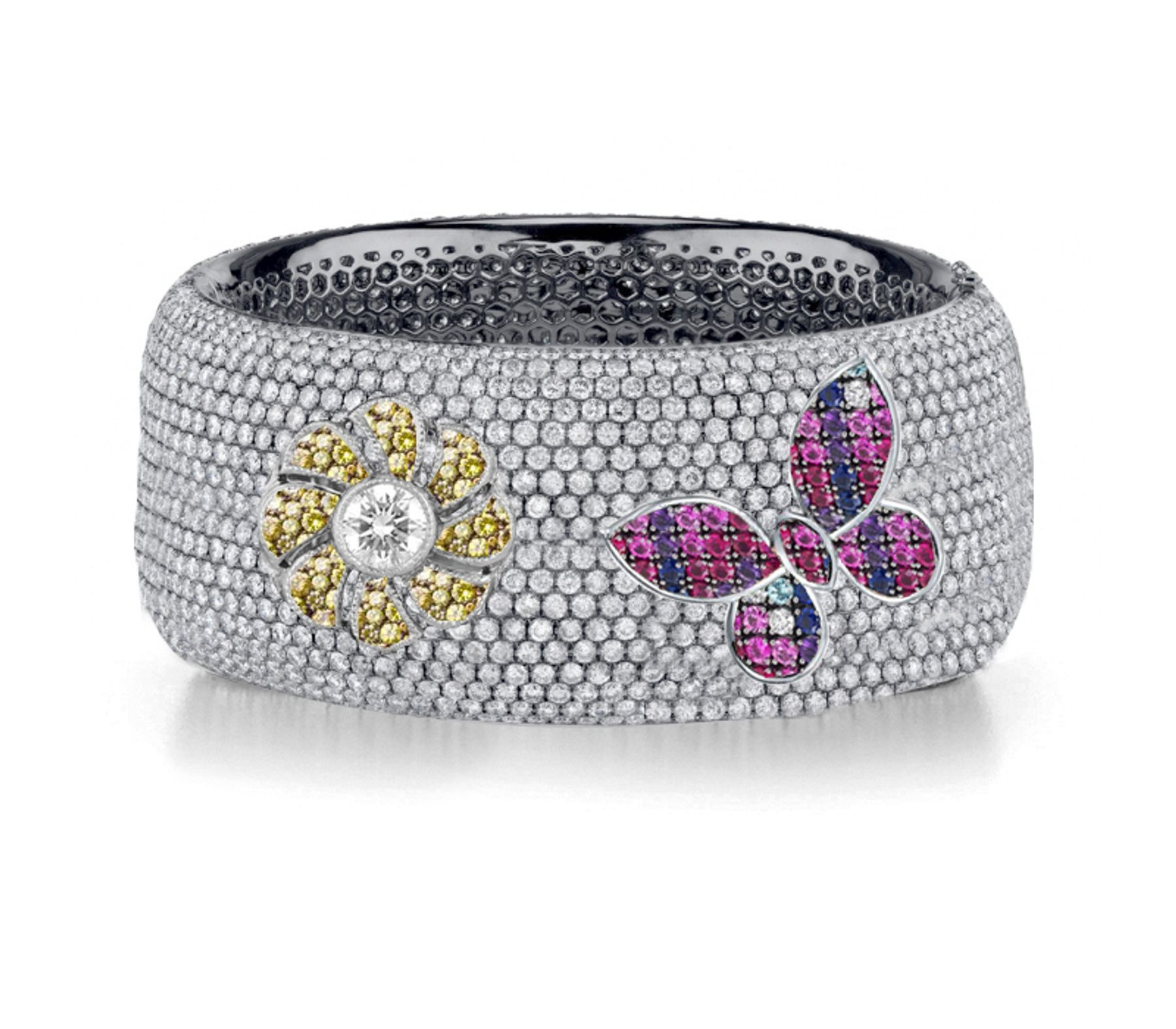 Delicate French pavee Sparkling Brilliant-Cut Round Diamonds & Vivid Multi-Colored Precious Stones Eternity Rings & Bands Featuring Vintage Flowers & Butterflies