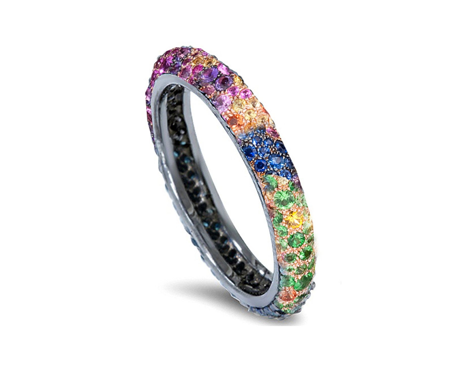 Delicate Women's Eternity Rings Featuring Multi-Colored Diamonds and Gemstones in Halo Precision Micro pave Settings