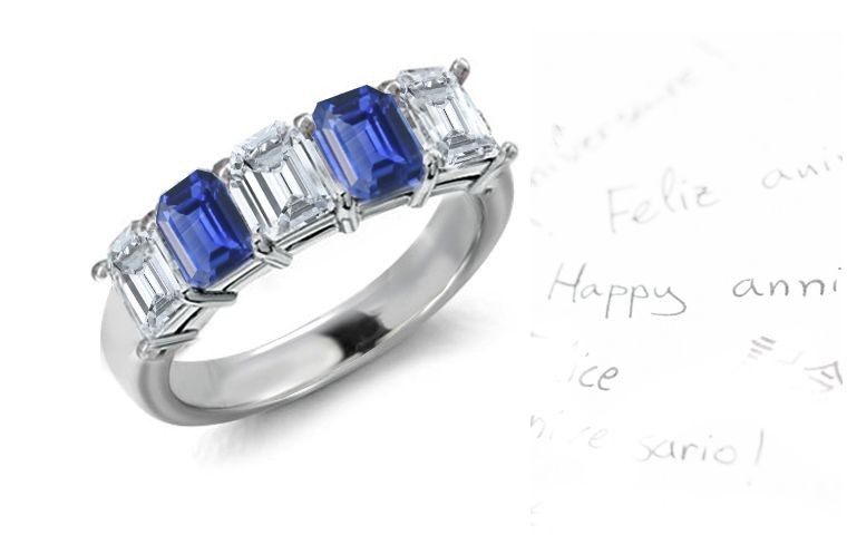 Emerald Cut Sapphire & Diamond 5 Stone Band