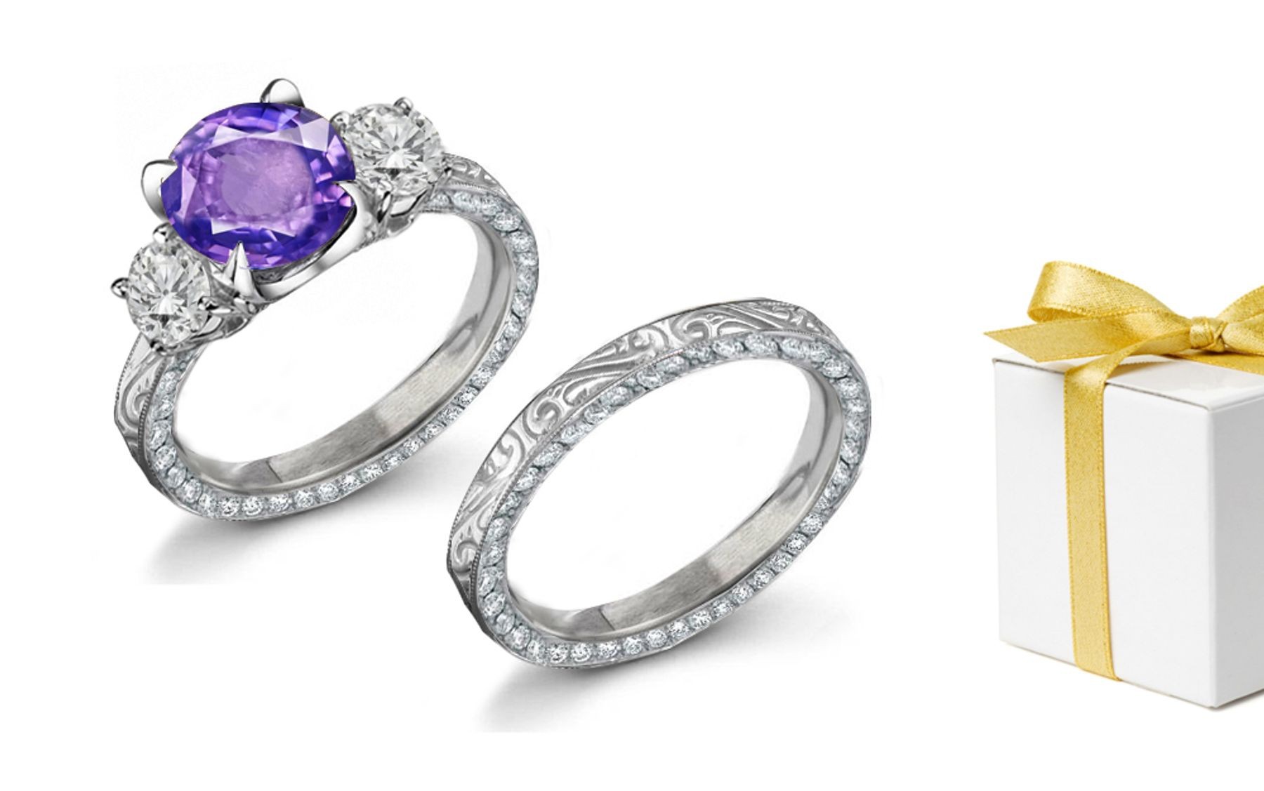 Hand Engraved: Purple Sapphire & Diamond Ring