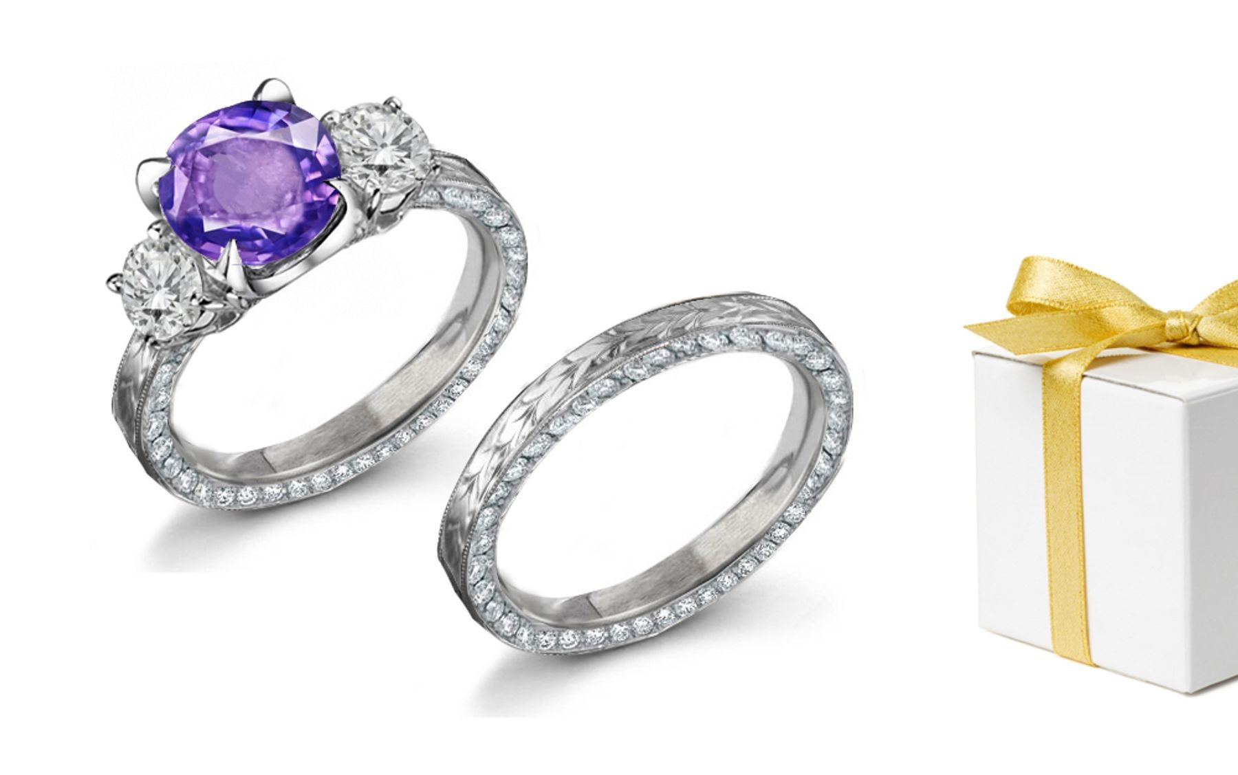 Hand Engraved: Purple Sapphire & Diamond Ring