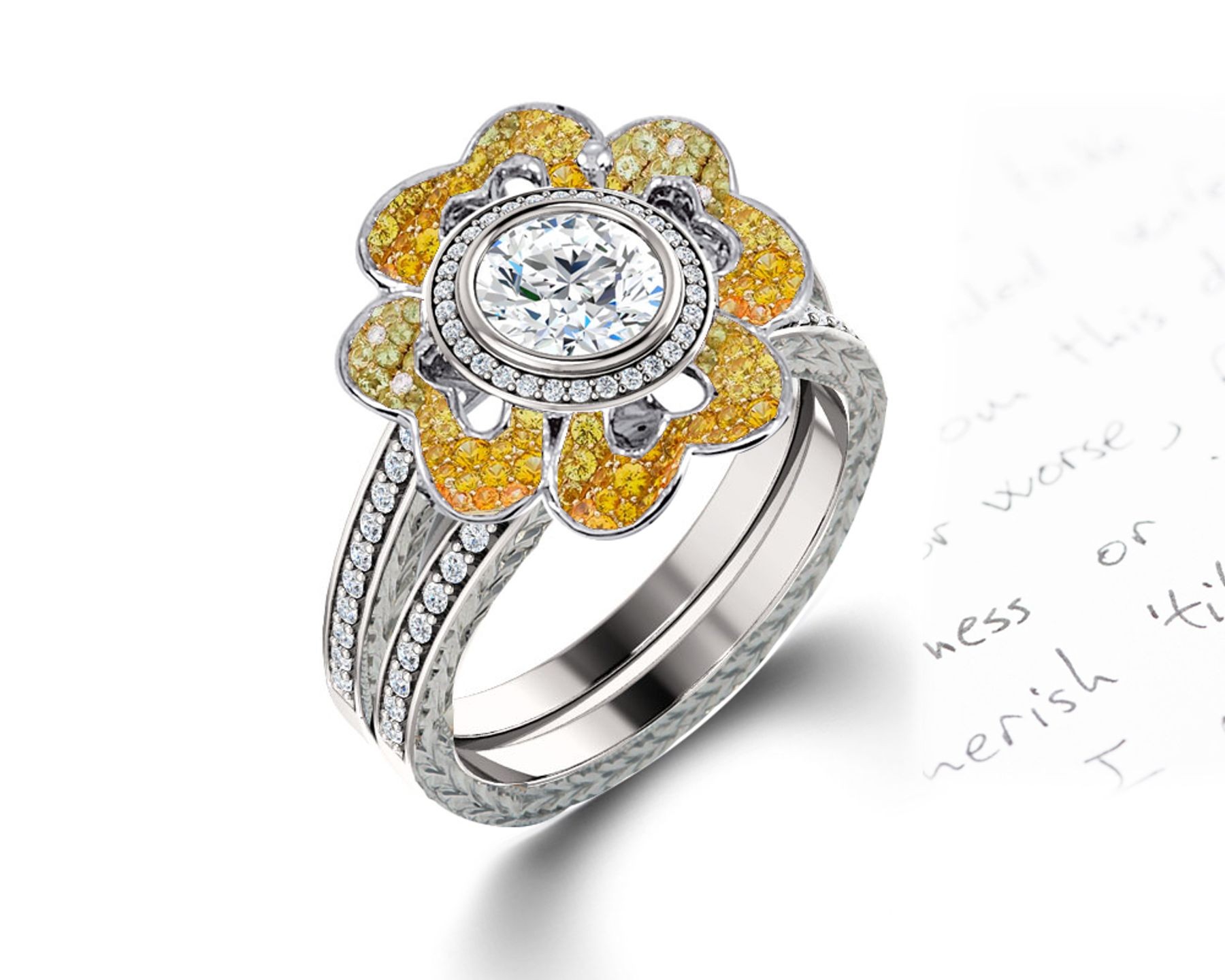 Delicate Micro Pave Halo Vivid Flower Yellow Sapphires & Brilliant-Cut Round Diamonds Designer Engagement Rings