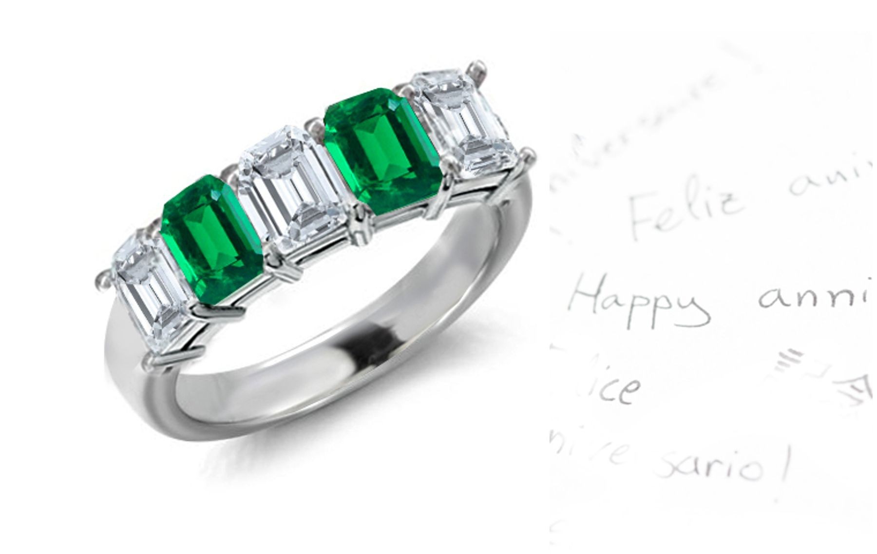 Exceptional: 7 Stone Emerald Cut Emerald & Emerald Cut Diamond Ring in Platinum
