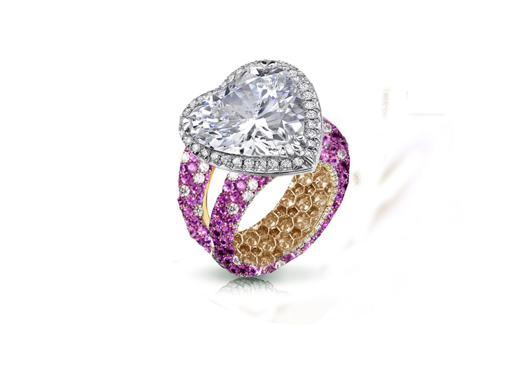 Halo Heart Diamond Ring with Diamonds & Pink Sapphires in Gold or Platinum
