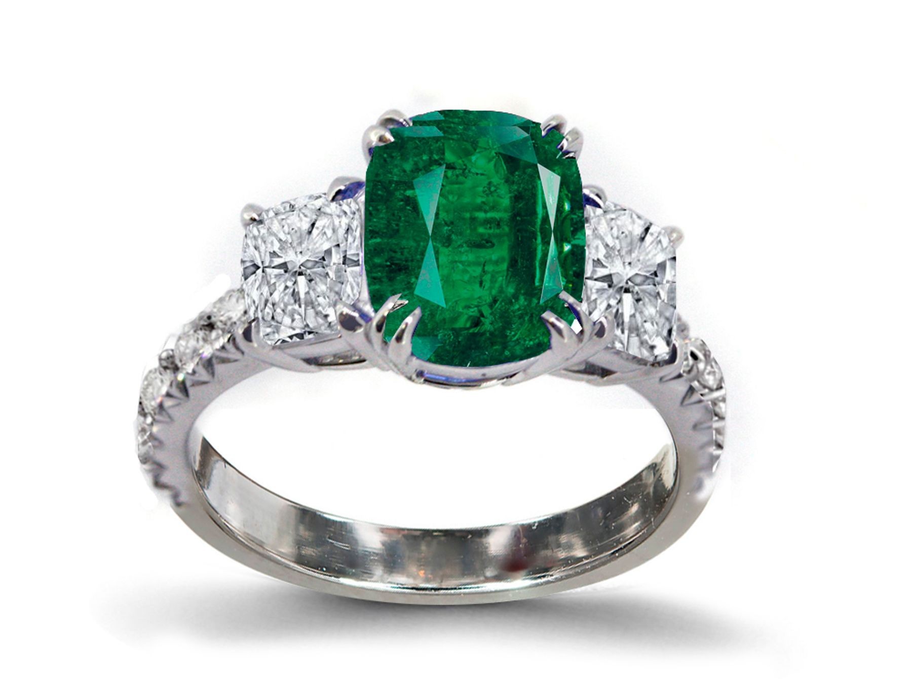 Three Stone Ring with Oval Emerald & White Diamond Accents in Gold or Platinum