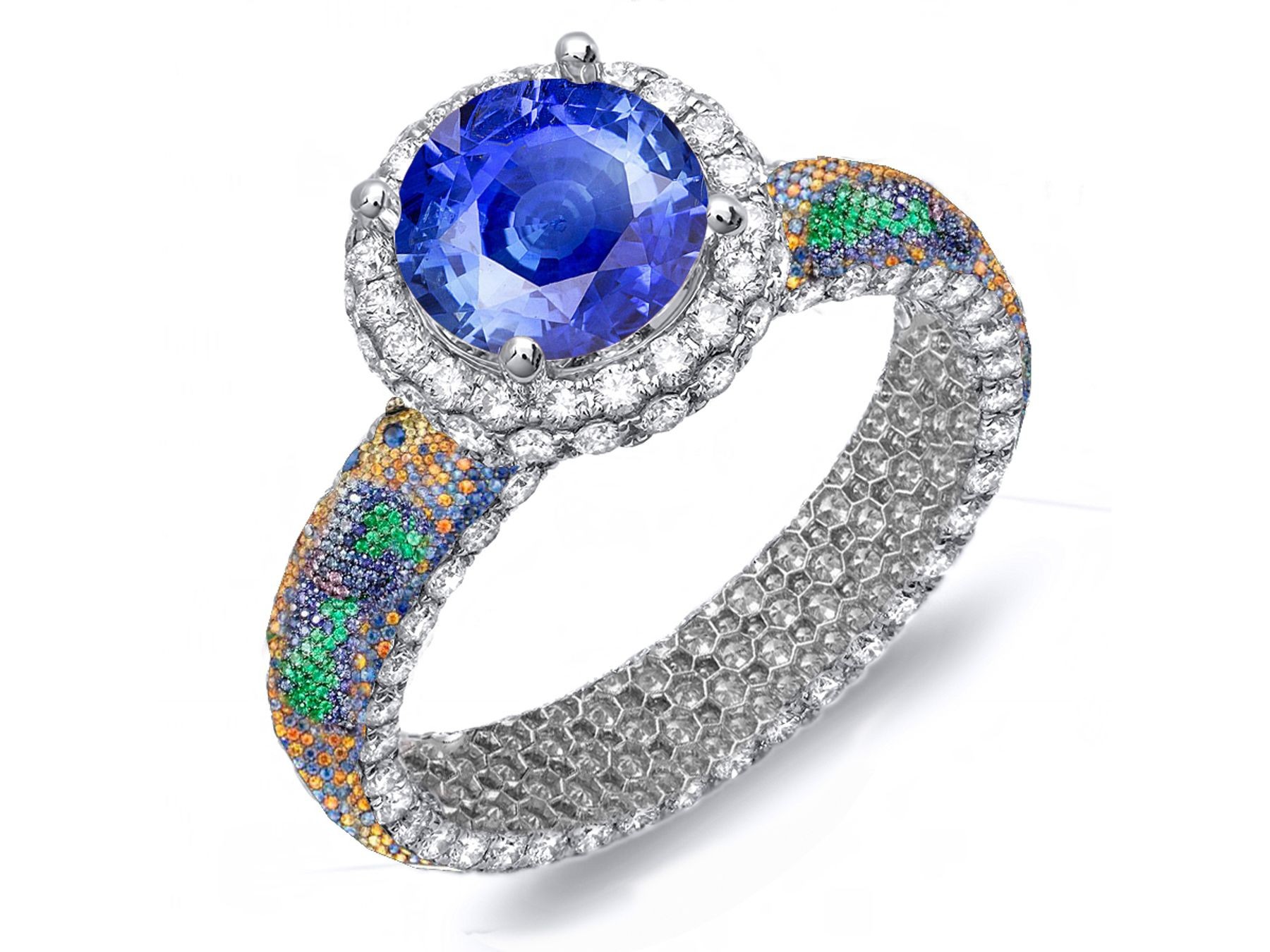 Brilliant & Rich Pave Cluster Diamond & Multi-Colored Precious Stones Rubies, Emeralds & Blue, Pink, Purple, Yellow Sapphires