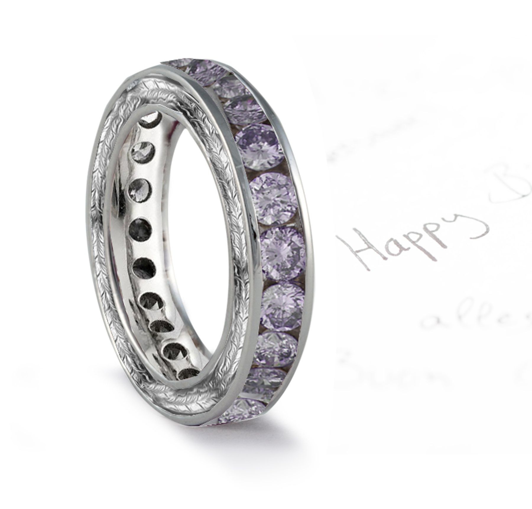 Purple Diamond Engraved Wedding Bands