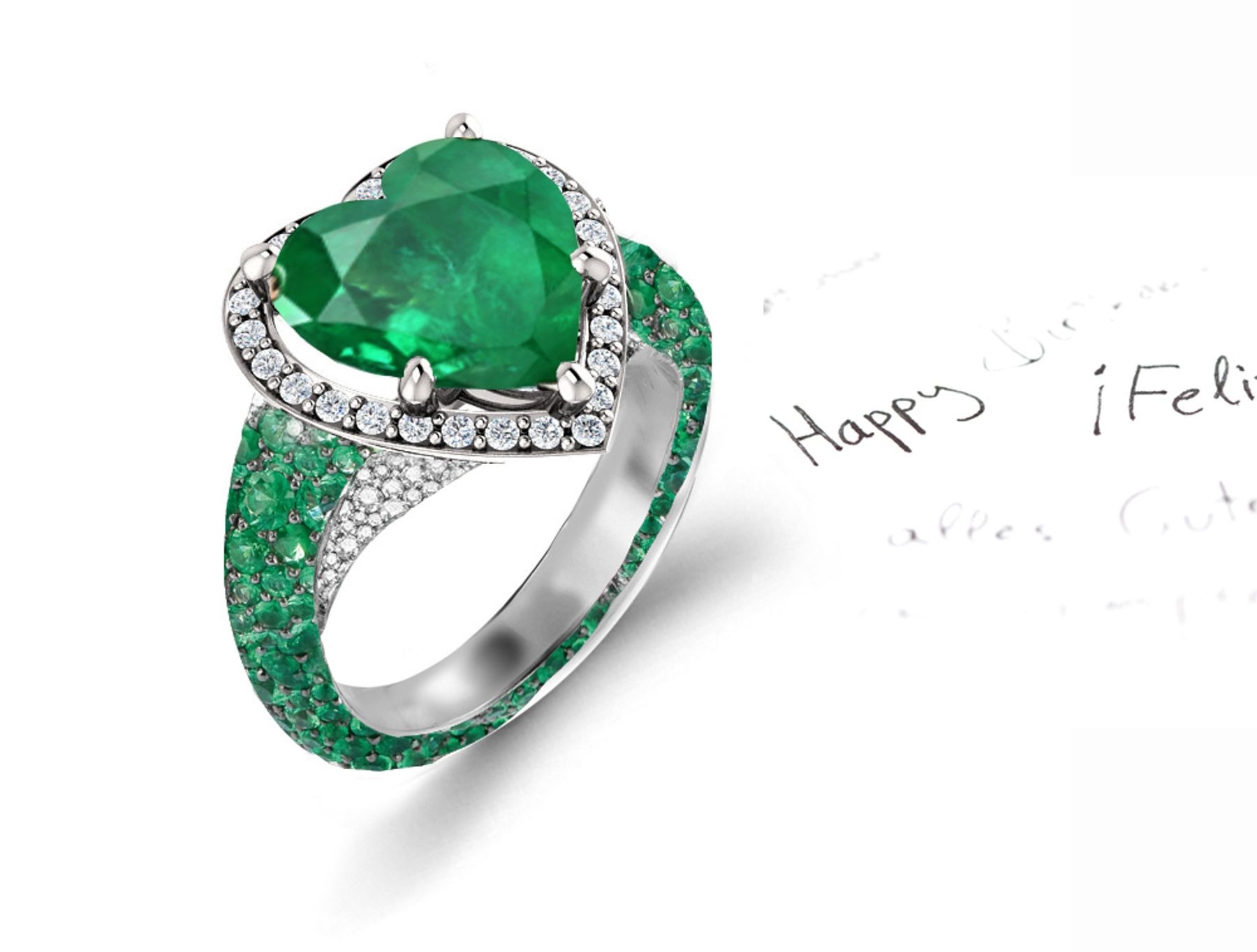 Made to Order Micro Pave Halo Round Diamonds & Heart Shaped Emerald Rings