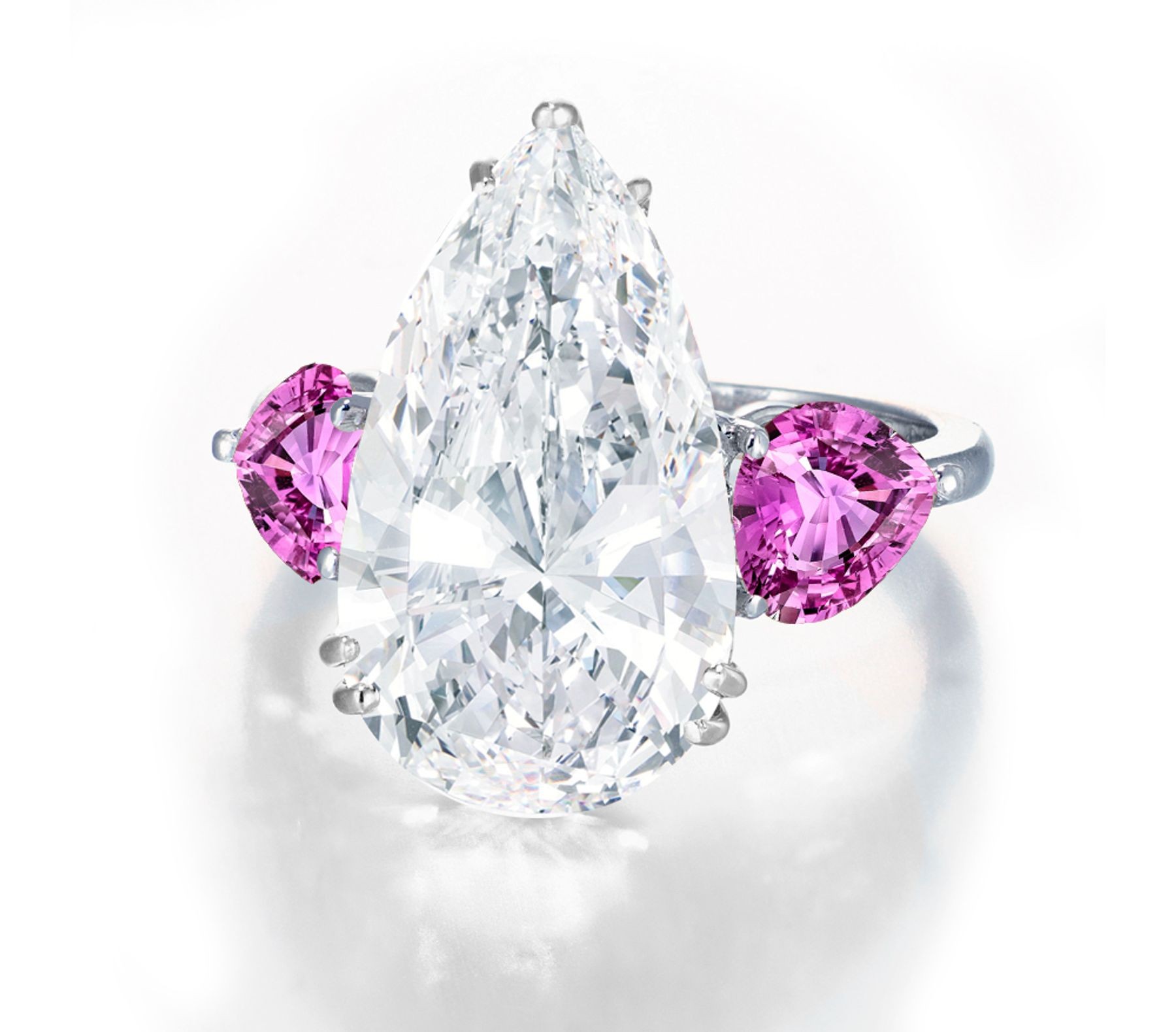 Pear-Shaped Diamond & Heart Pink Sapphire Three Stone Engagement and Right Hand Rings