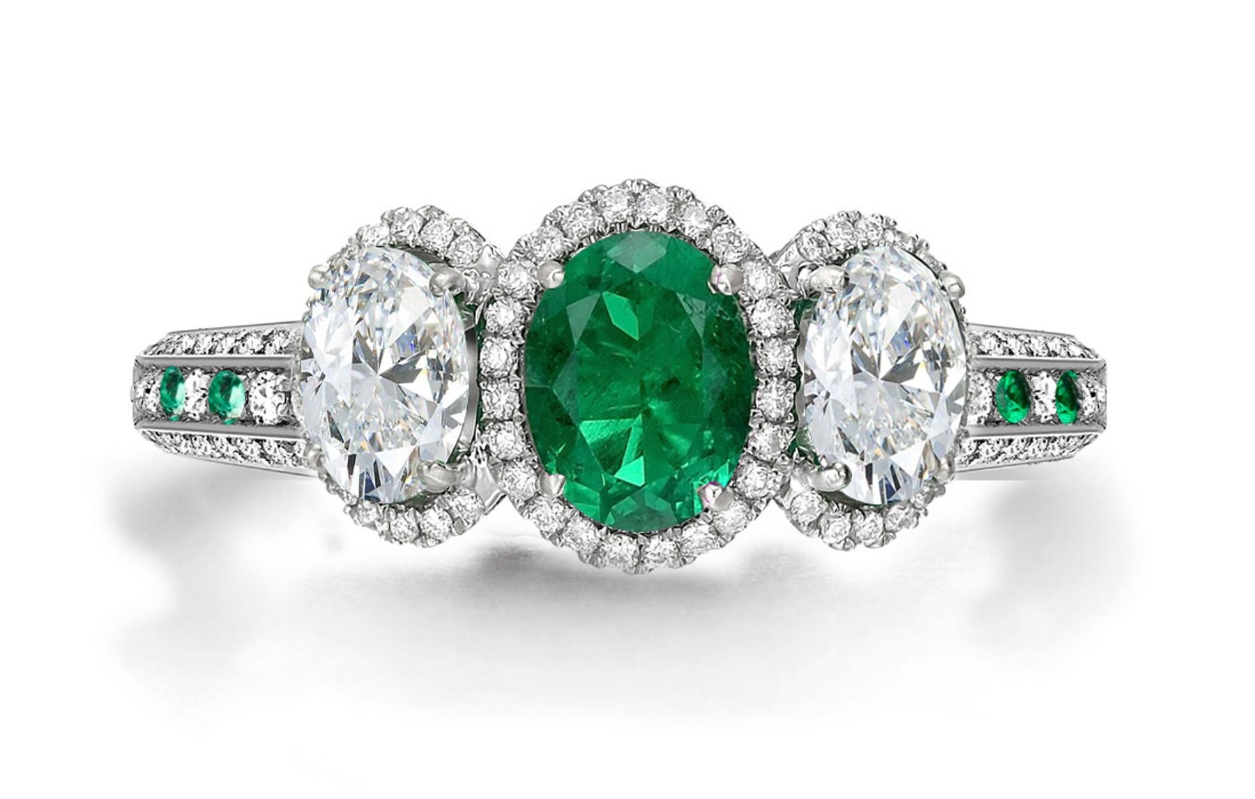 Latest Collection: Delicate Halo Micropave Side Accents Green Emeralds & Diamonds Engagement Rings