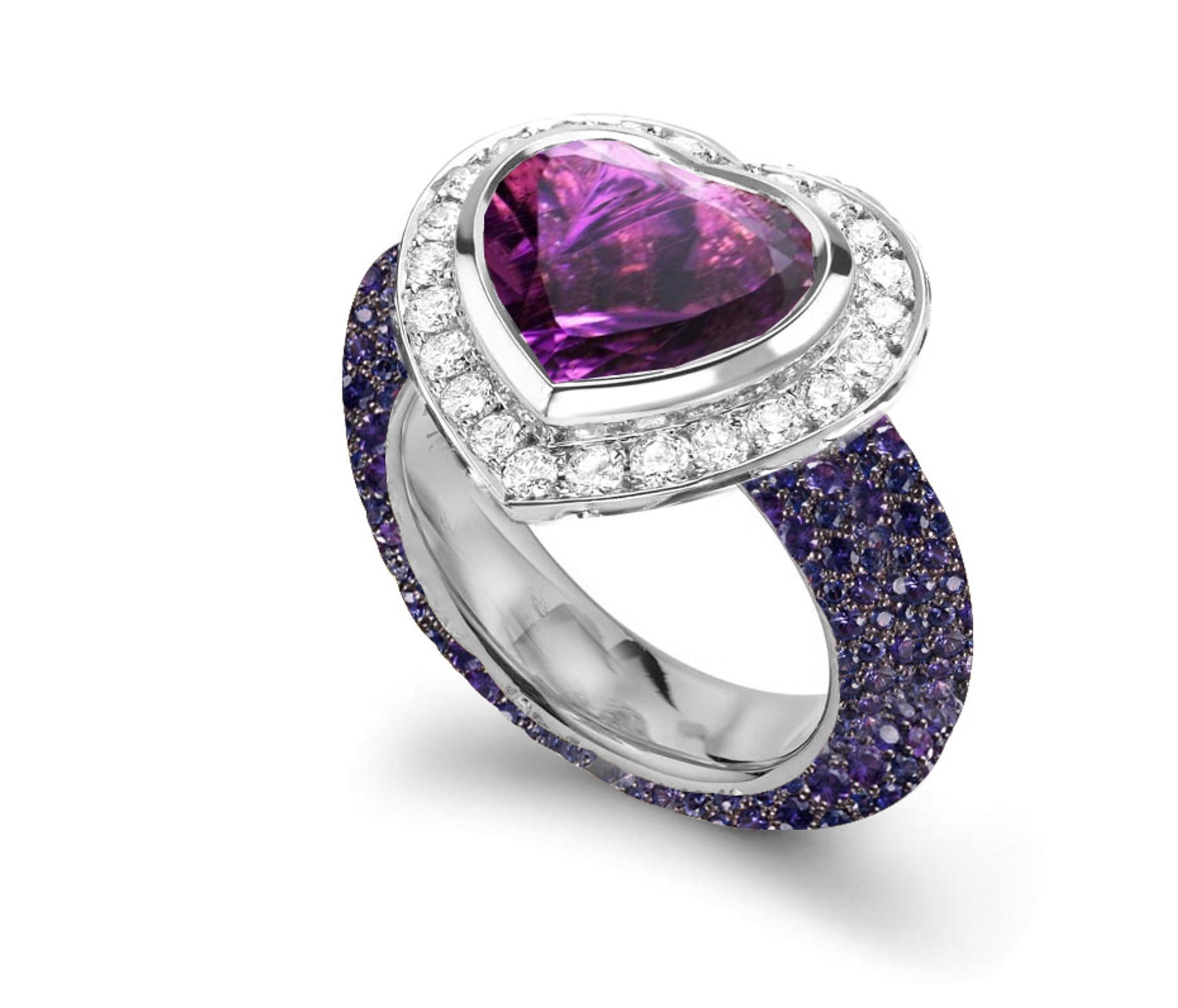 Delicate Micro Pave Round Brilliant Cut & Heart Purple Sapphires & Diamonds Halo Ring