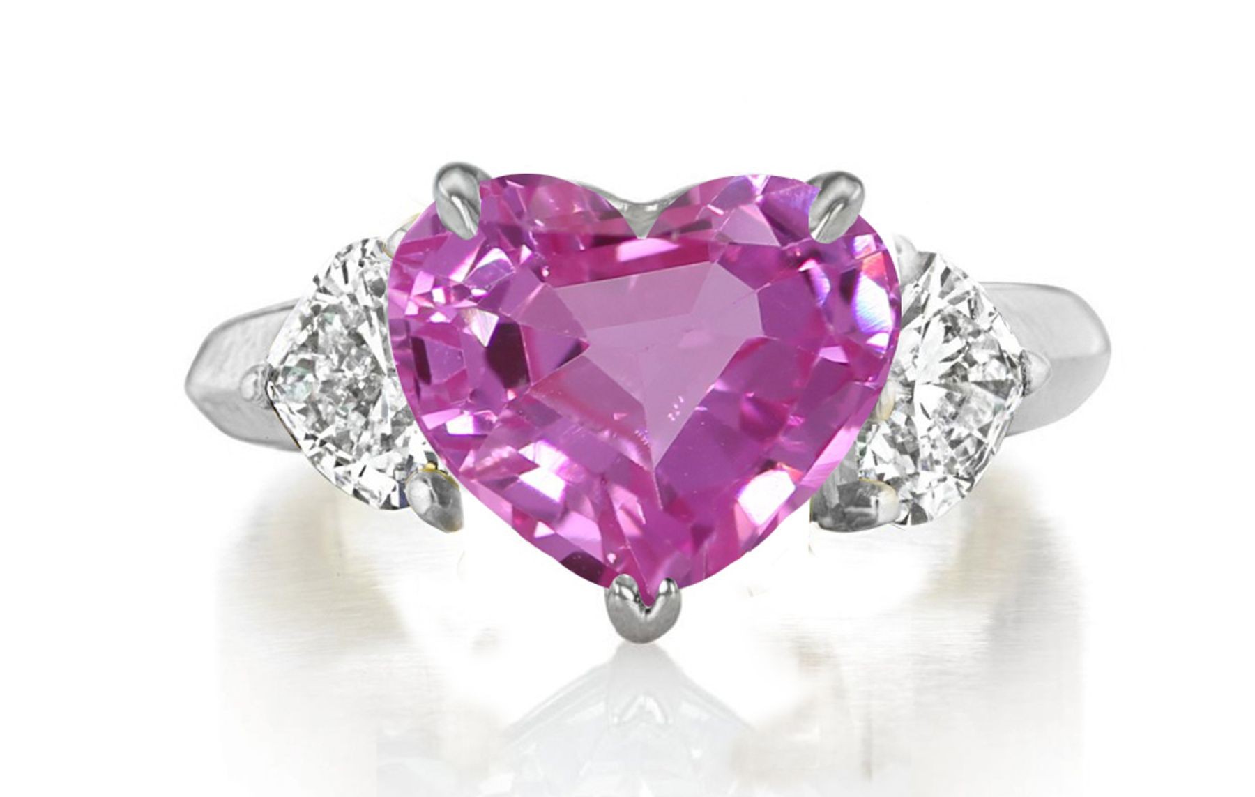 Premium Quality Unique Heart Shaped Diamonds & Pink Sapphire Heart Three Stone Rings