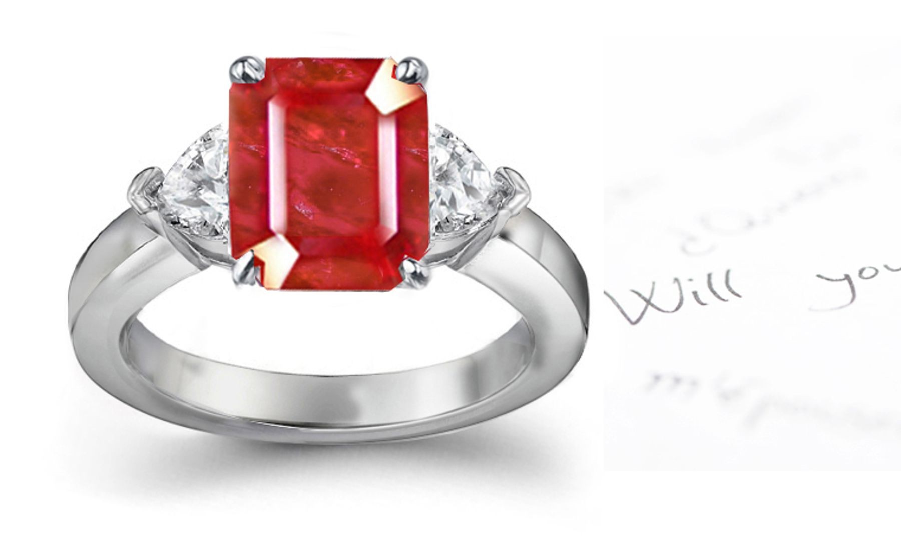 Lore of Gemstones: Heart Diamonds Ruby Emerald Cut Engagement Ring