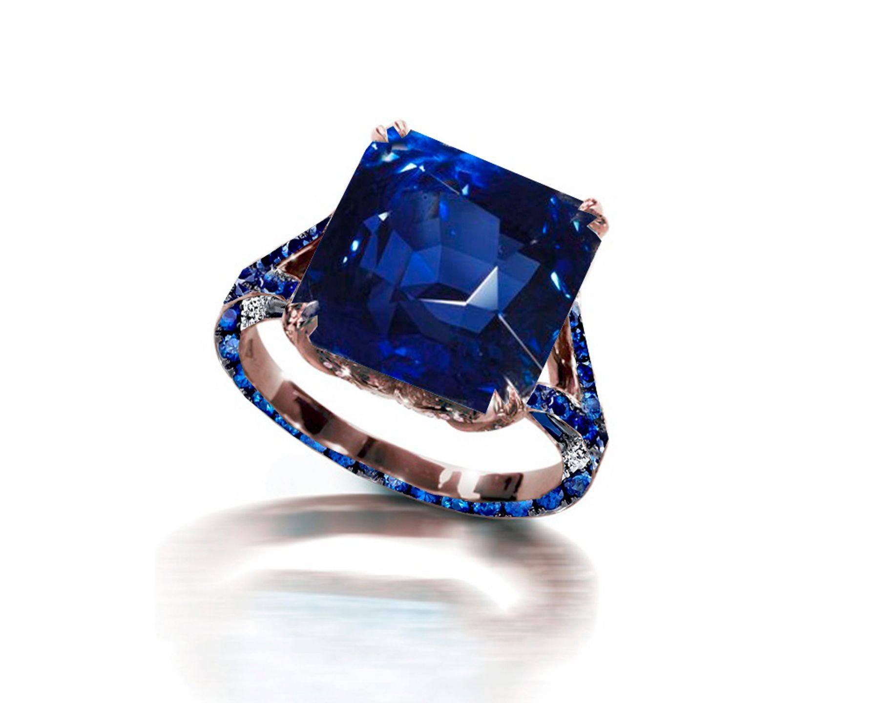 Ring with Blue Sapphire & Pave Set Blue Sapphires in Gold or Platinum