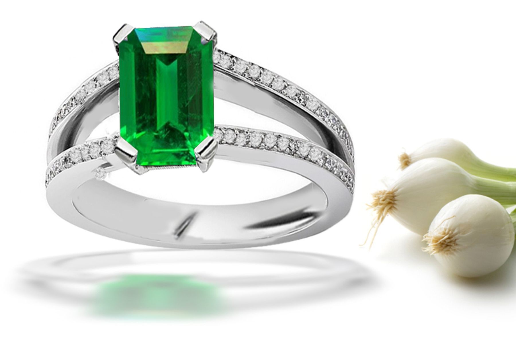 Gifted Goldsmith: Pave Set Diamond Split Shank Emerald Cut Emerald & Diamond Ring