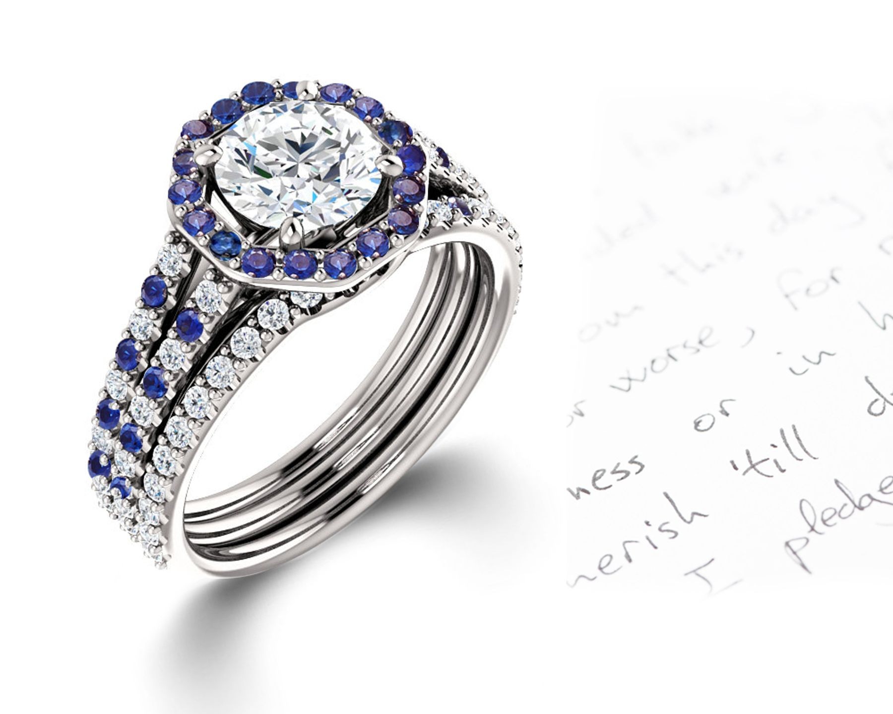 Vibrant Blue Sapphires and Diamonds Halo Micropave Engagement Rings With Vivid Colored Gemstone Accents