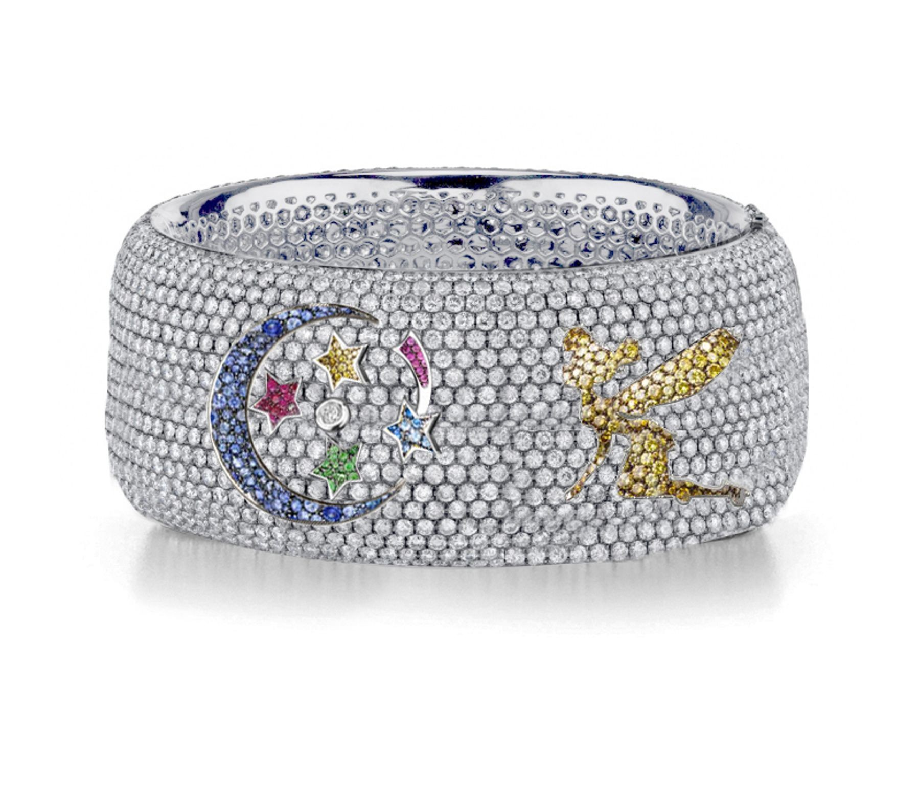 Delicate French pavee Sparkling Brilliant-Cut Round Diamonds & Vivid Multi-Colored Precious Stones Eternity Rings & Bands Featuring Fairy, Moon & Stars