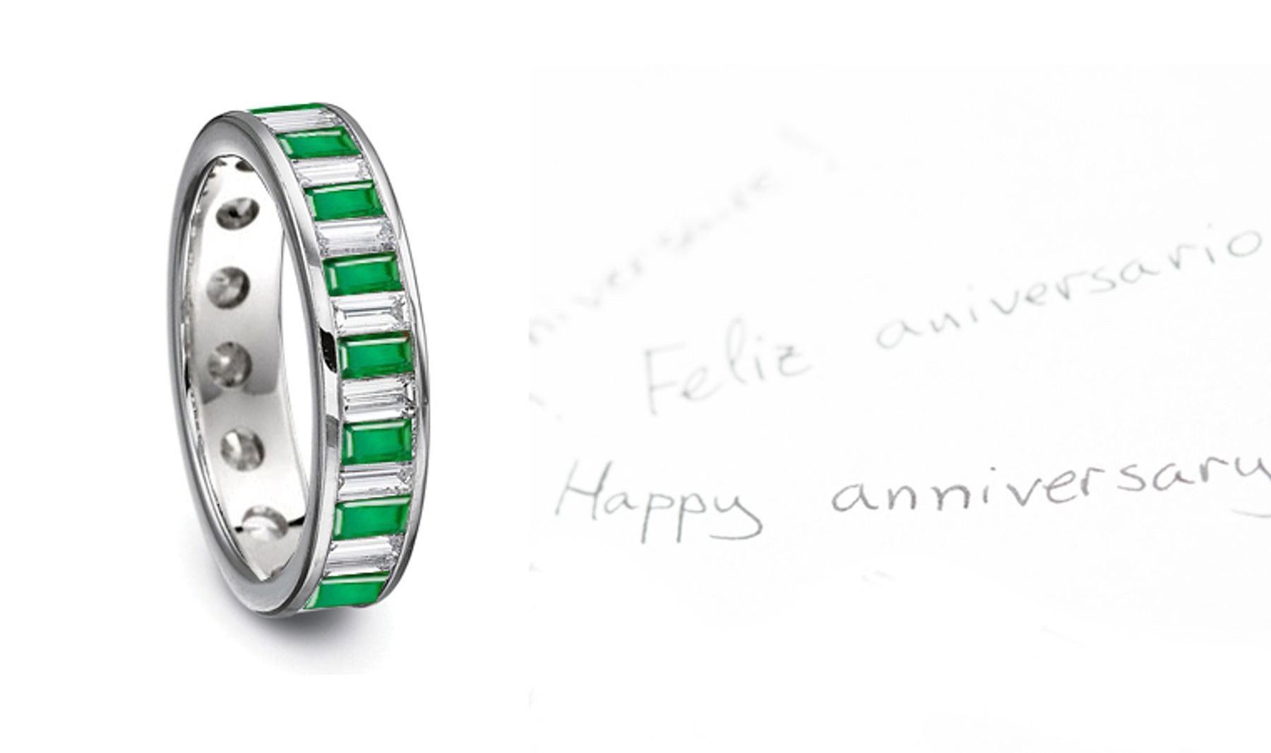  Delicate Emerald Eternity Ring: Designer Emerald Baguette and Diamonds Channel Set Men's Ring in Platinum.