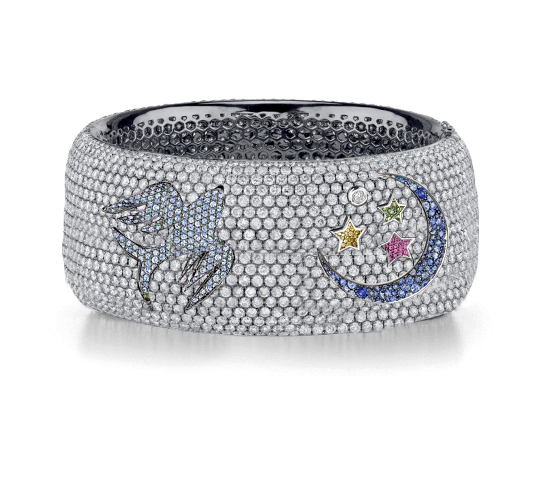 Delicate French pavee Sparkling Brilliant-Cut Round Diamonds & Vivid Multi-Colored Precious Stones Eternity Rings & Bands Featuring Bird, Moon & Stars