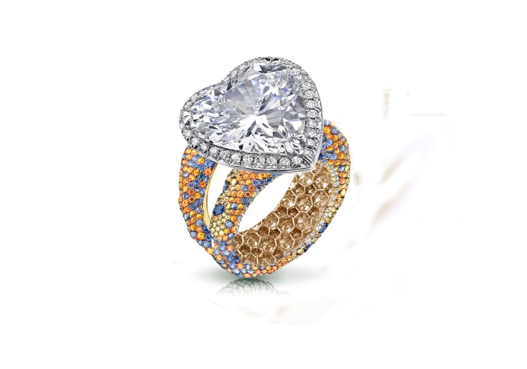 Halo Heart Diamond Ring with Diamonds & Rainbow Sapphires in Gold or Platinum