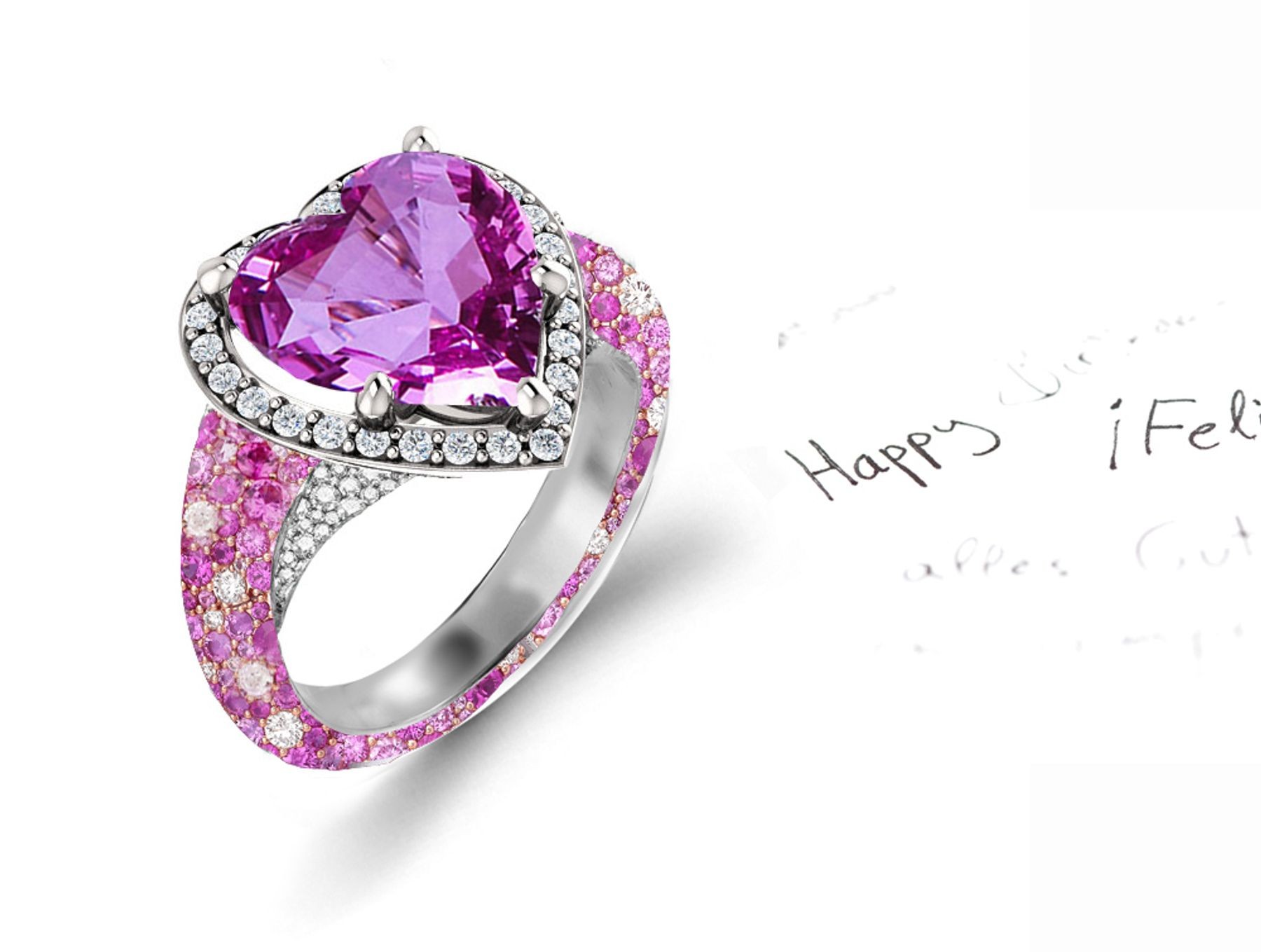 Custom Manufactured Precision Set Pave Halo Brilliant Round Diamonds & Heart Pink Sapphire Rings