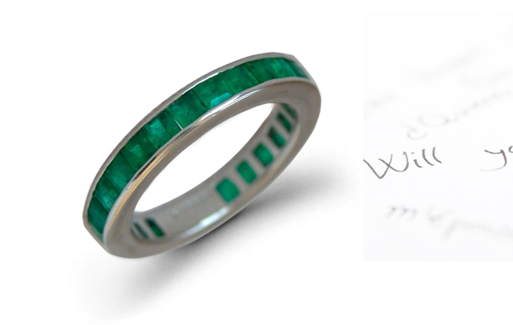  Emerald Eternity Band: Stylish Emerald Square and Princess Cut Diamonds Channel Set Rings in 14K White Gold.