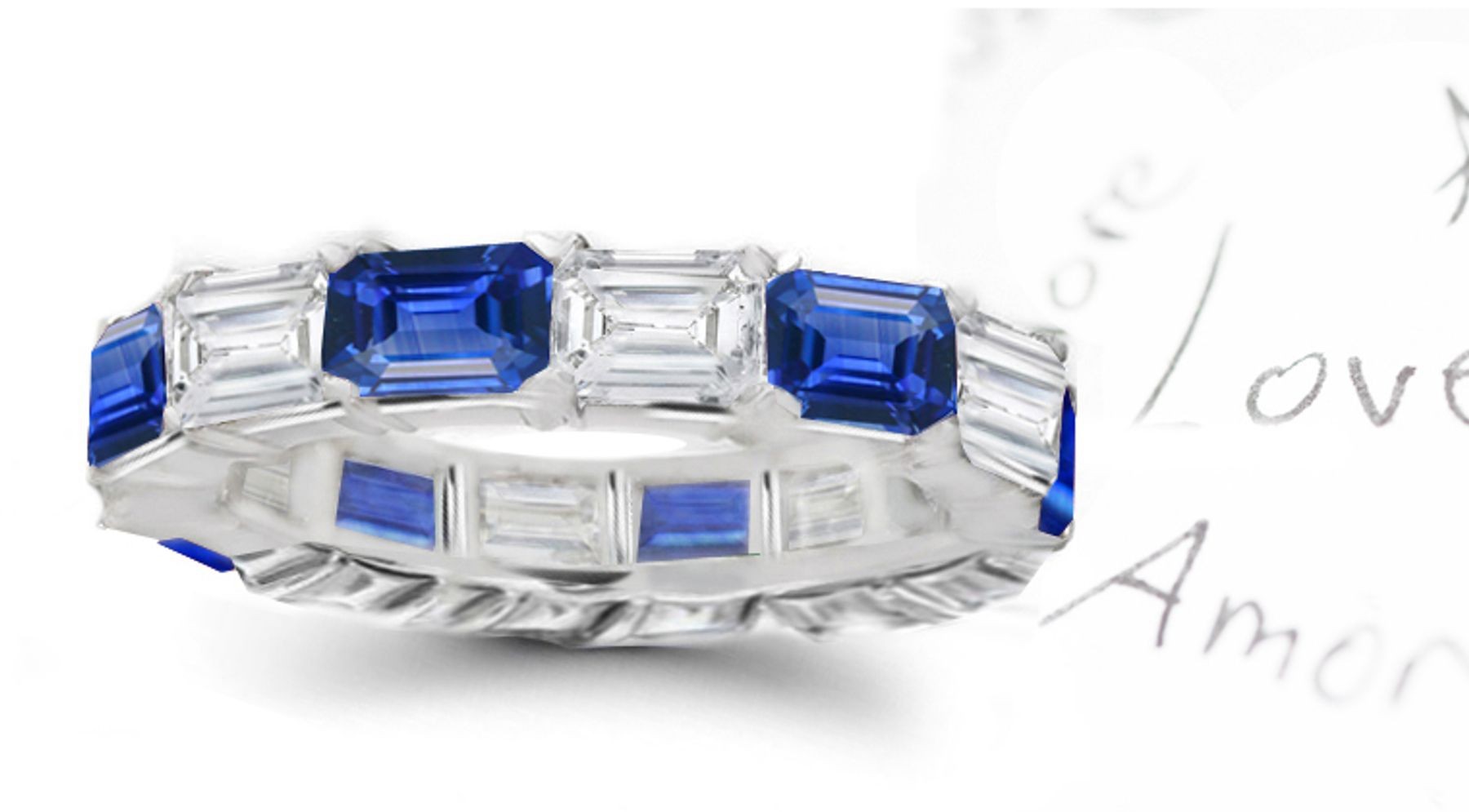 Emerald Cut Blue Sapphire & Emerald Cut Diamond Eternity Ring