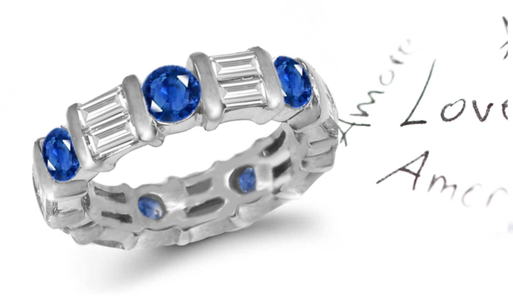 Baguette Diamond Round Sapphire Eternity Ring