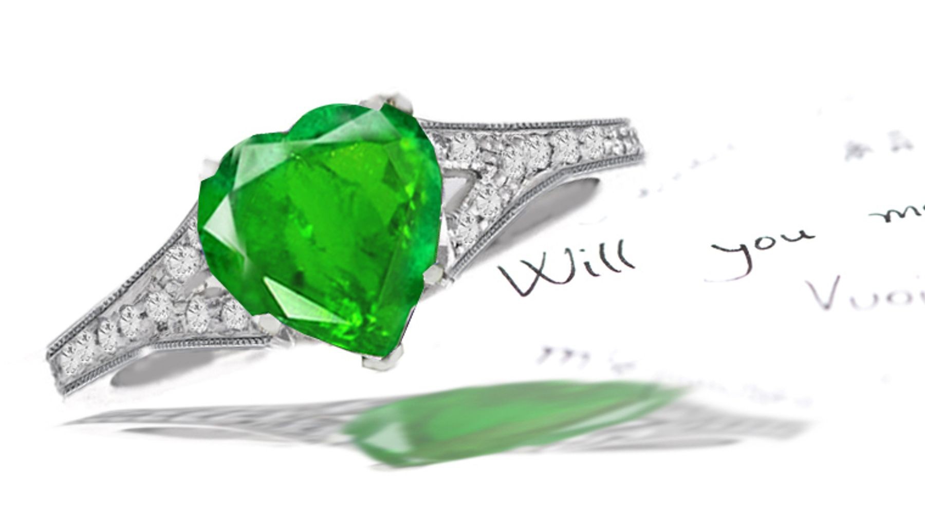 Cluster of Diamonds: Pave Set Diamond Shank Emerald Heart & Diamond Anniversary Ring