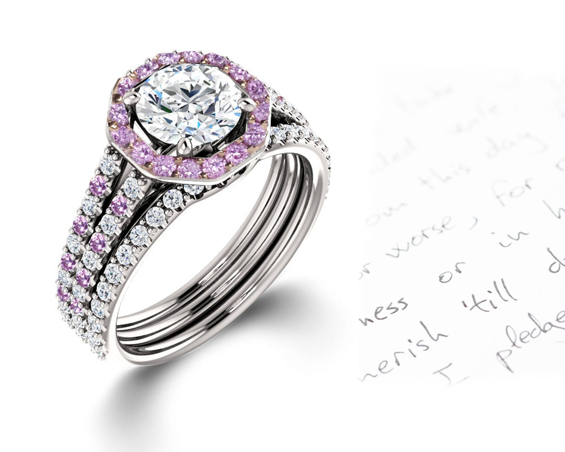 Vibrant Pink Sapphires and Diamonds Halo Micropave Engagement Rings With Vivid Colored Gemstone Accents