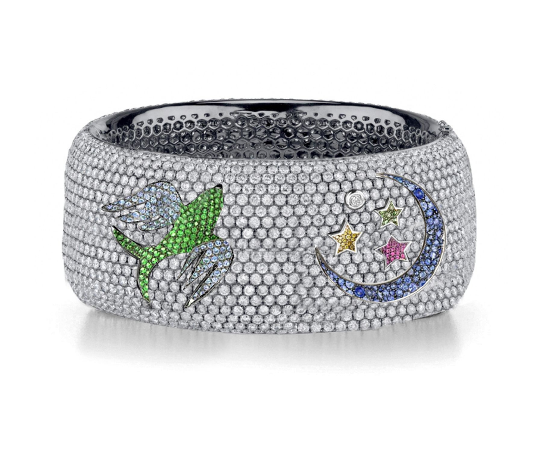 Delicate French pavee Sparkling Brilliant-Cut Round Diamonds & Vivid Multi-Colored Precious Stones Eternity Rings & Bands Featuring Bird, Moon & Stars