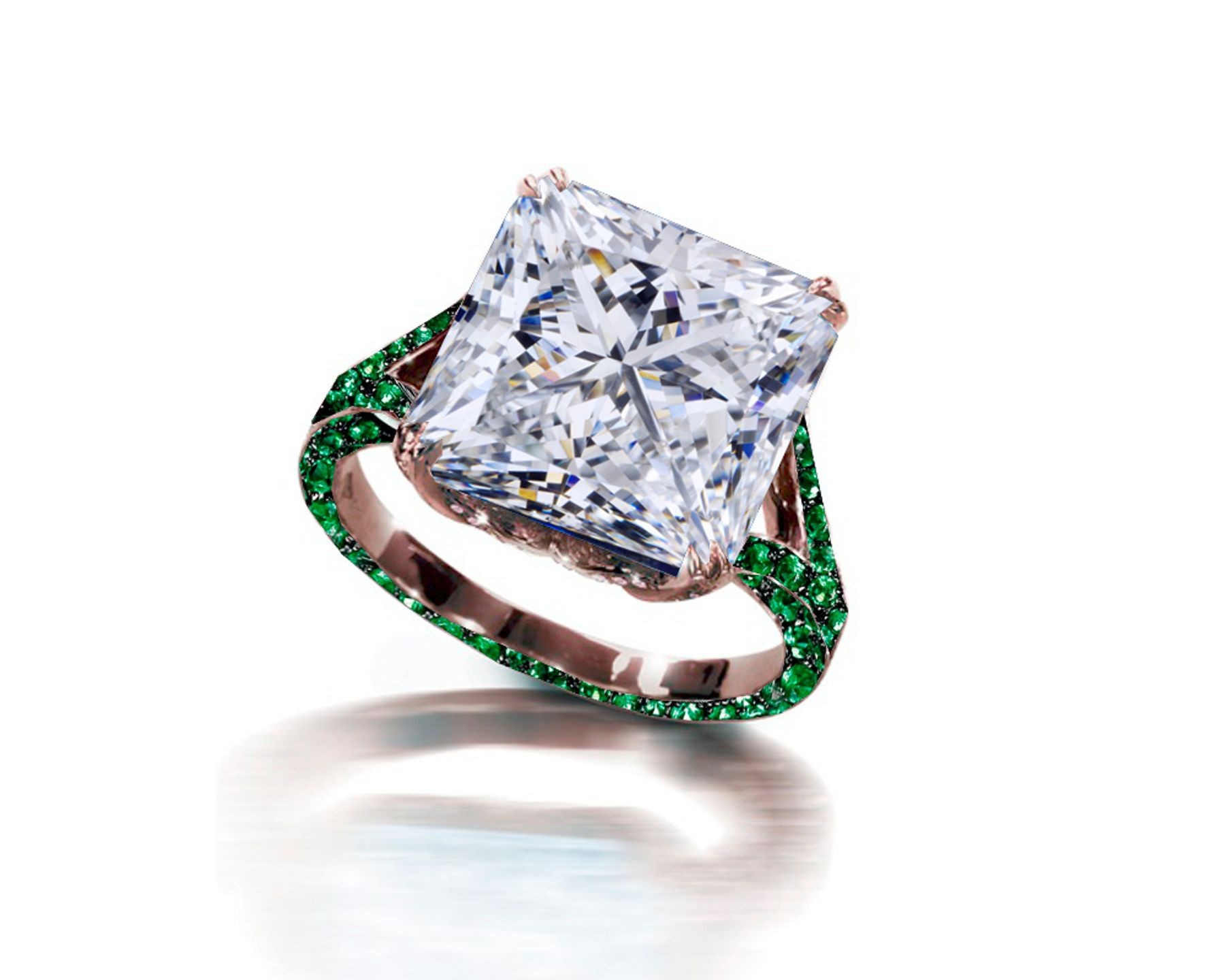 Ring with Square Diamond & Pave Set Emeralds & White Diamonds in Gold or Platinum