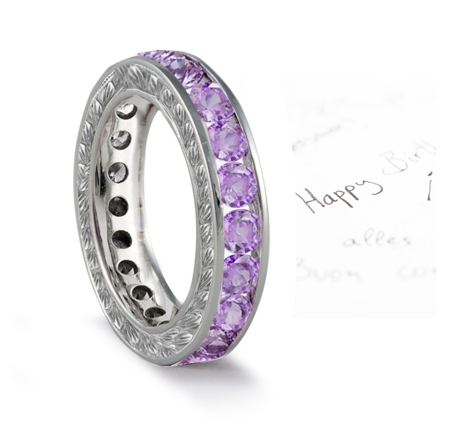 Purple Sapphire Engraved Wedding Bands