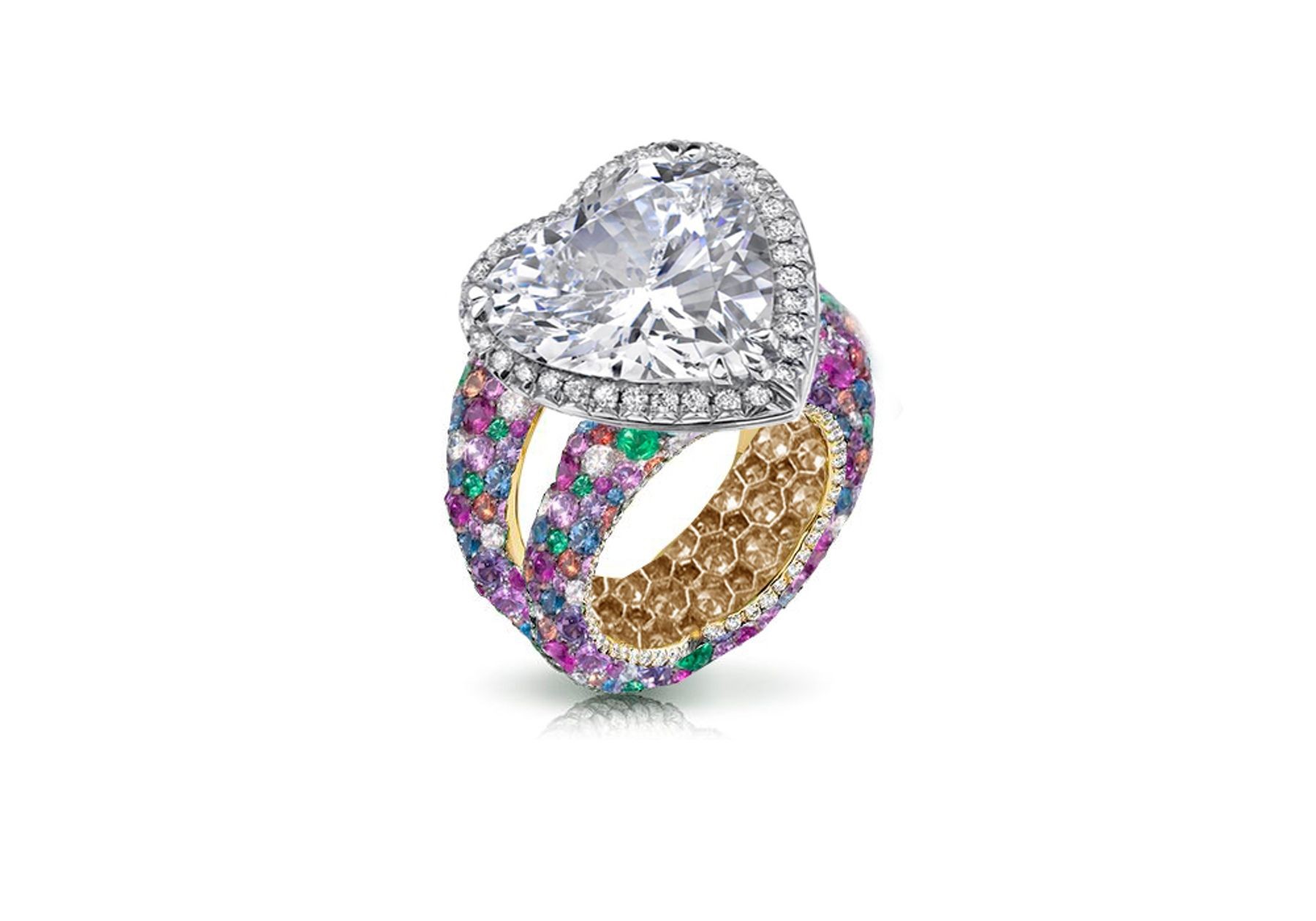 Halo Heart Diamond Ring with Diamonds & Rainbow Sapphires in Gold or Platinum