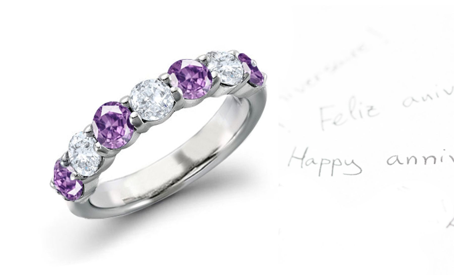 Purple Sapphire & Diamond 7 Stone Prong Set Wedding Anniversary Rings