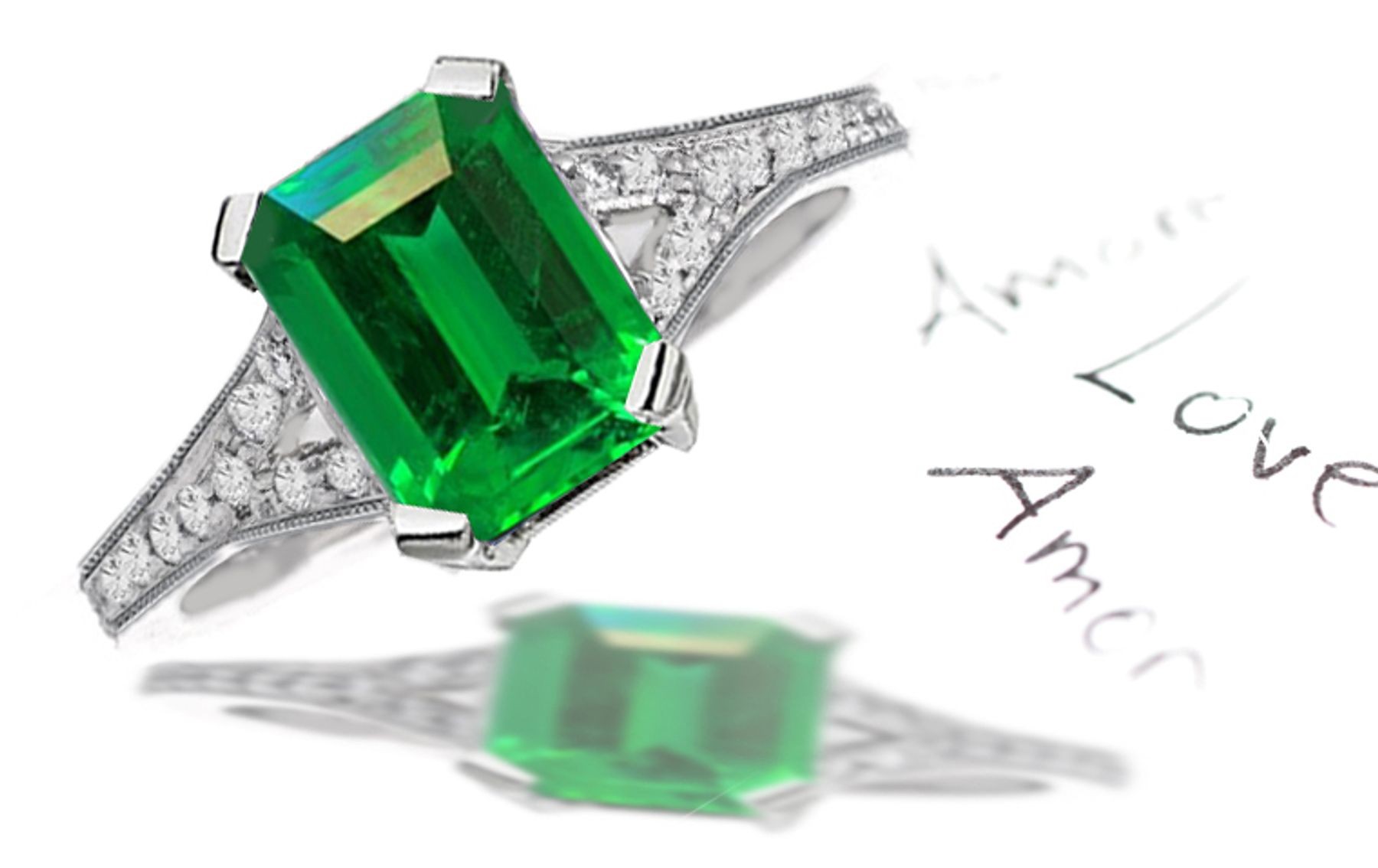 Cluster of Emeralds: Pave Set Diamond Shank Emerald Cut Emerald & Diamond Ring