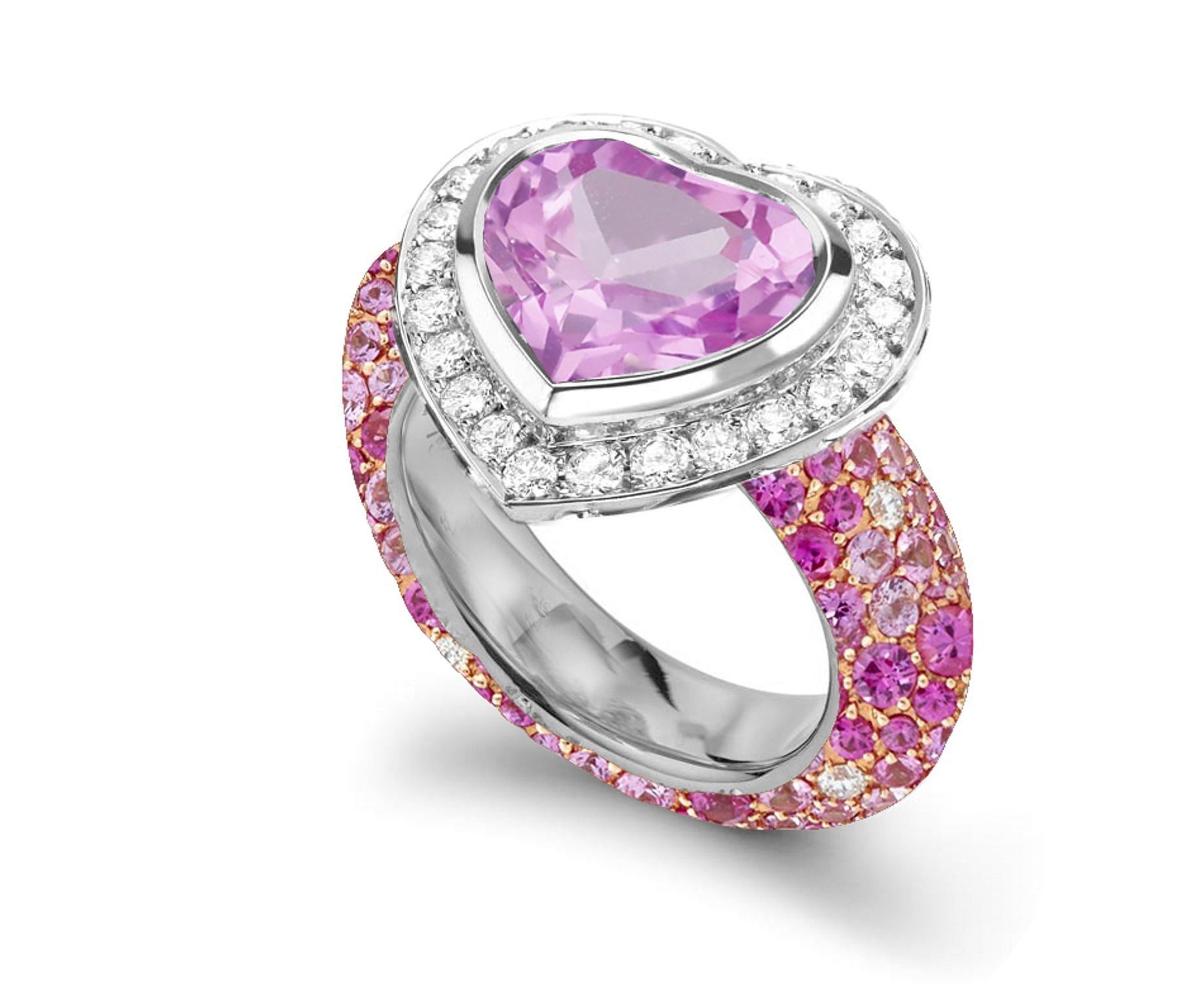 Delicate Micro Pave Round Brilliant Cut & Heart Pink Sapphires & Diamonds Halo Ring