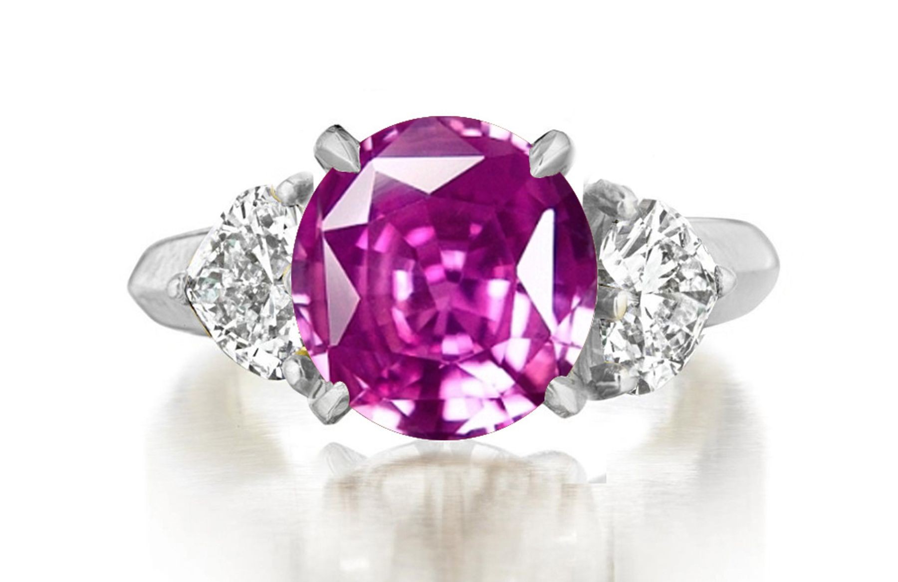 Premium Quality Unique Heart Shaped Diamonds & Pink Sapphire Round Three Stone Rings