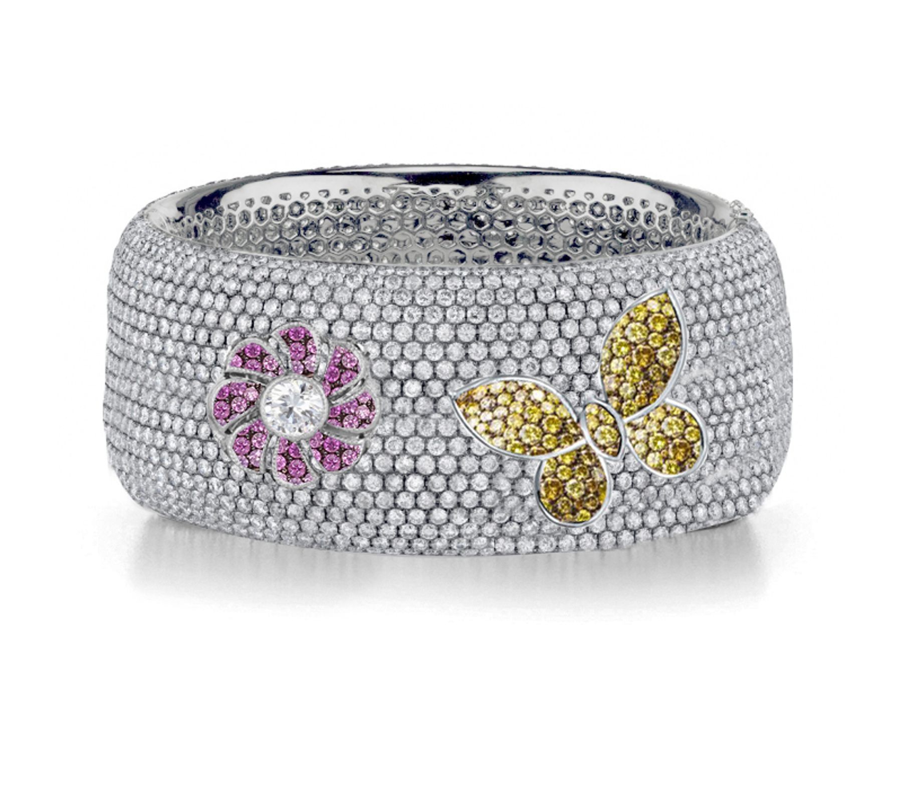 Delicate French pavee Sparkling Brilliant-Cut Round Diamonds & Vivid Multi-Colored Precious Stones Eternity Rings & Bands Featuring Vintage Flowers & Butterflies